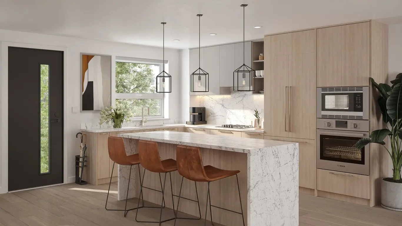 Emerald – Kitchen rendering with light wood and grey cabinetry, marble waterfall island with three rust-orange leather barstools, and built-in stainless oven and microwave.