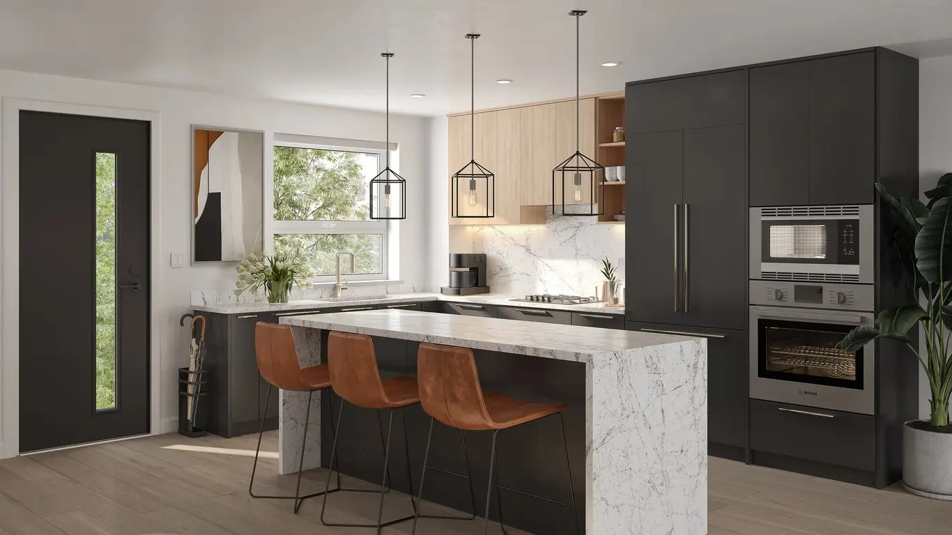 Emerald – Kitchen rendering with dark charcoal and light wood cabinetry, marble waterfall island with three rust-orange leather barstools, and built-in stainless oven and microwave.