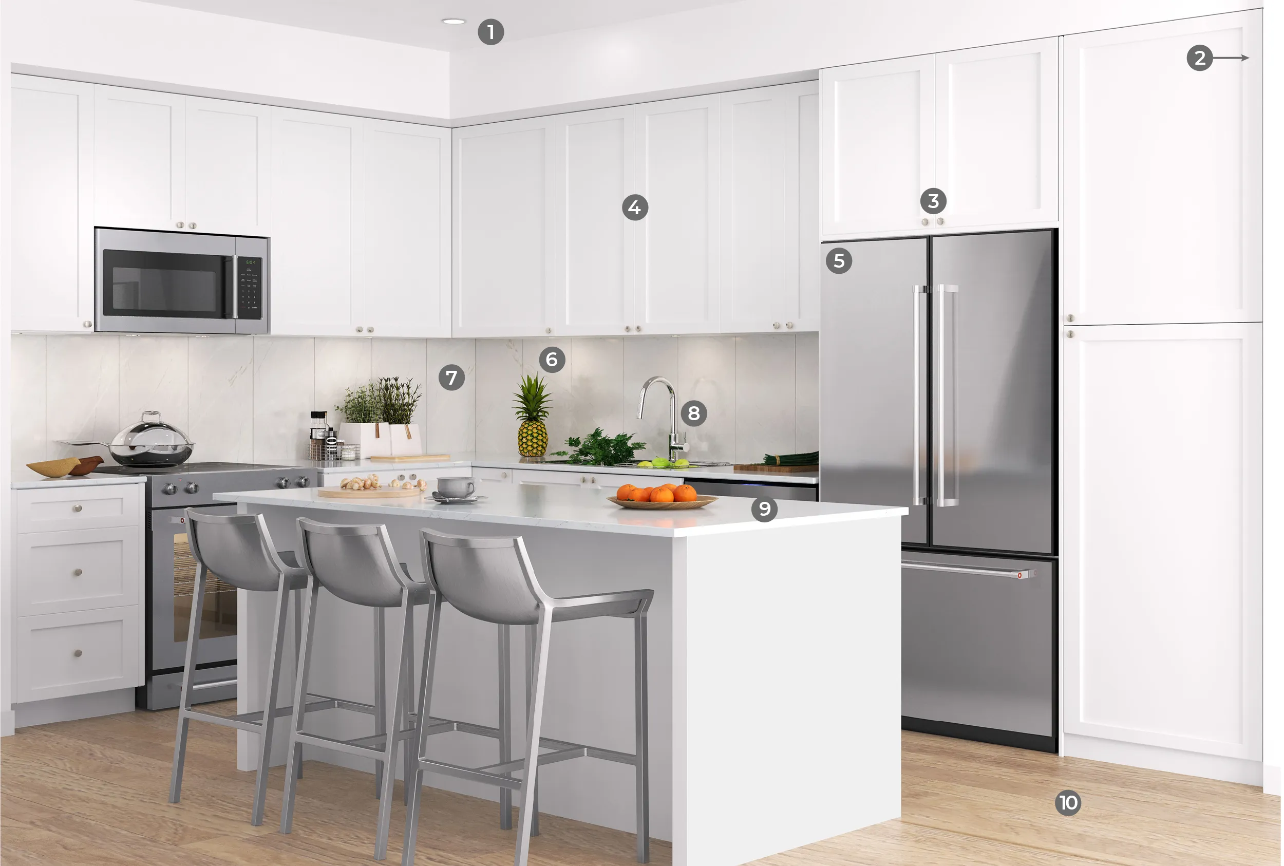 Guildford The Greatest 2 – A modern, bright kitchen featuring white shaker-style cabinetry, light marble-look countertops, and stainless steel appliances. A central kitchen island with light gray barstools sits atop light wood flooring, illuminated by under-cabinet lighting.
