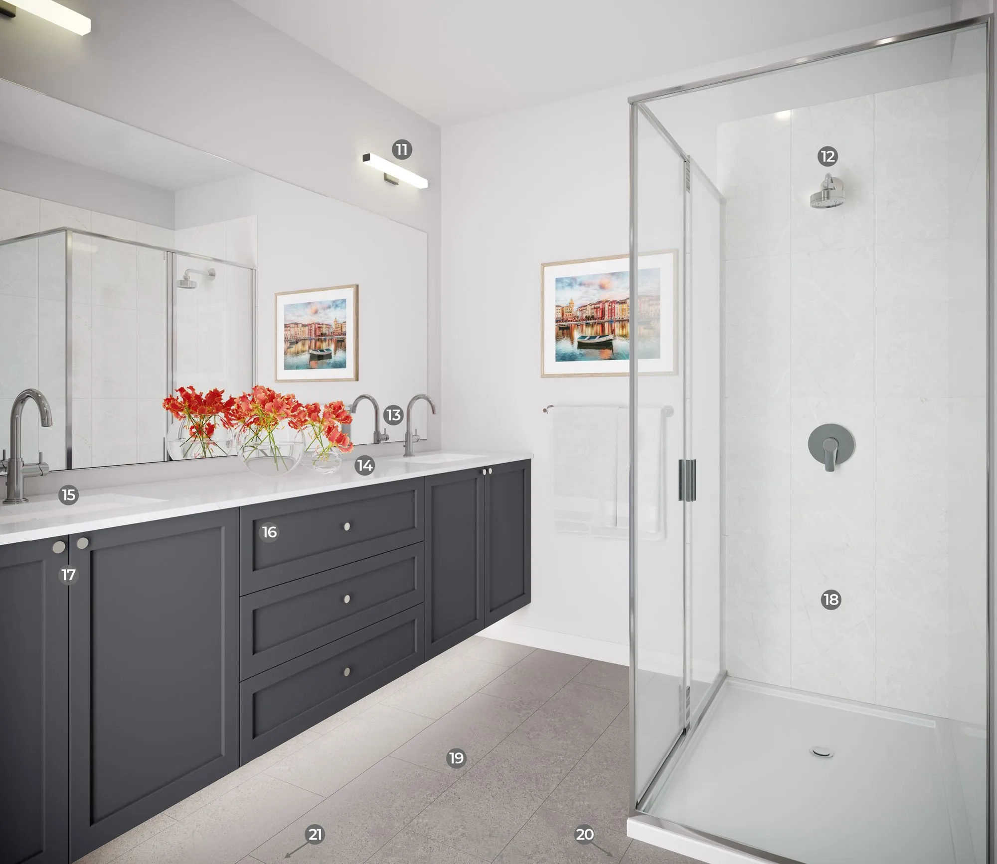 Guildford The Greatest 2 – A bright and contemporary bathroom featuring a floating dark charcoal double vanity with a white countertop and a large frameless glass walk-in shower. The space is finished with light grey tile flooring, large mirrors, modern chrome fixtures, and clean white walls.