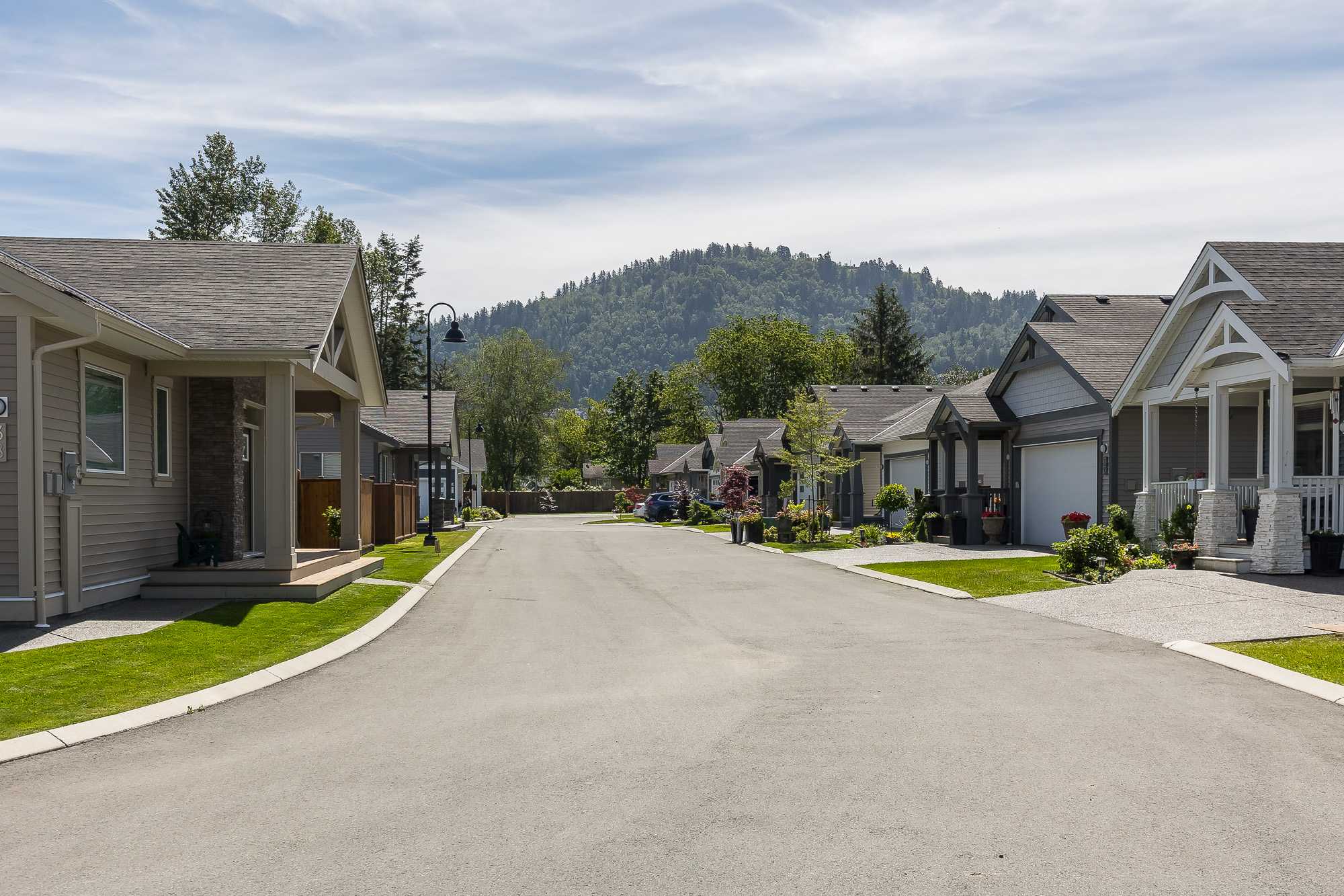 Malloway Village – A ground-level view looking down a quiet paved residential street lined with single-family craftsman-style homes featuring manicured lawns and gabled front porches. A heavily forested hill rises prominently in the background under bright daytime skies.