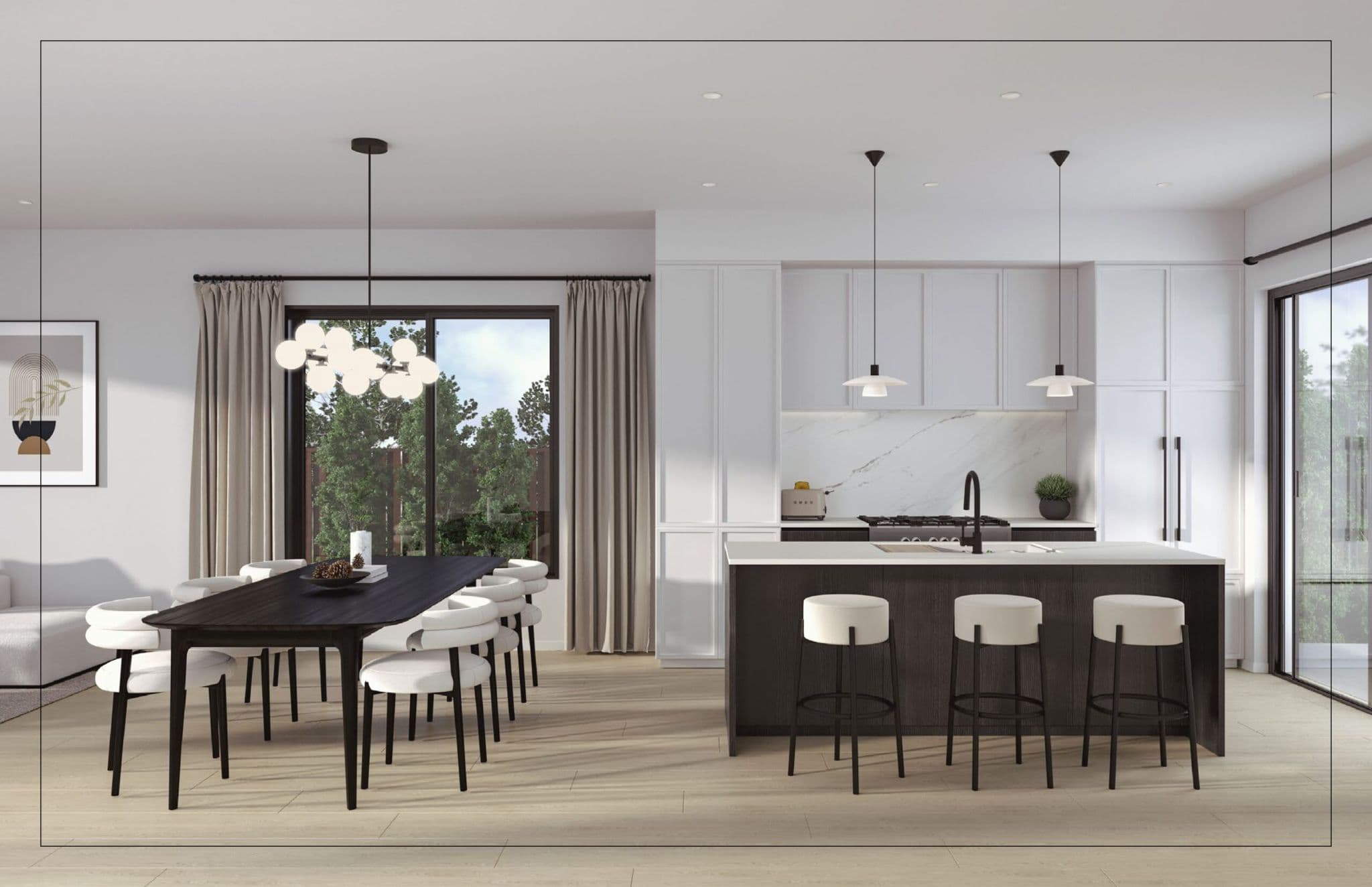 August Laurel + W64 – A modern open-concept kitchen and dining area with light hardwood floors, featuring a dark wood kitchen island paired with white barstools and a white quartz countertop. To the left, a dark wood dining table surrounded by curved white upholstered chairs sits beneath a multi-globe chandelier, adjacent to large glass sliding doors looking out to lush greenery.