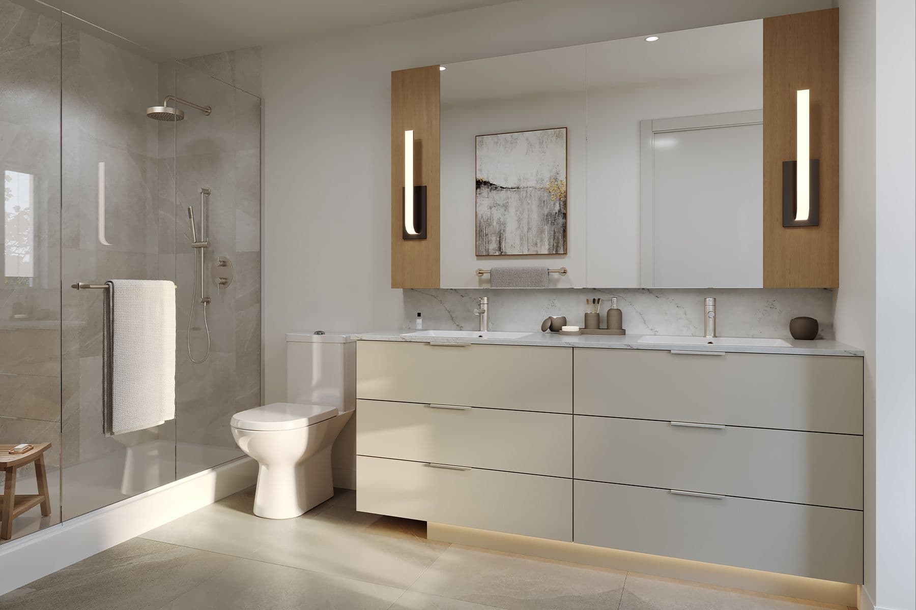 Salton – Bathroom with a double vanity, wall-mounted mirrors, a freestanding toilet, and a glass-enclosed shower.