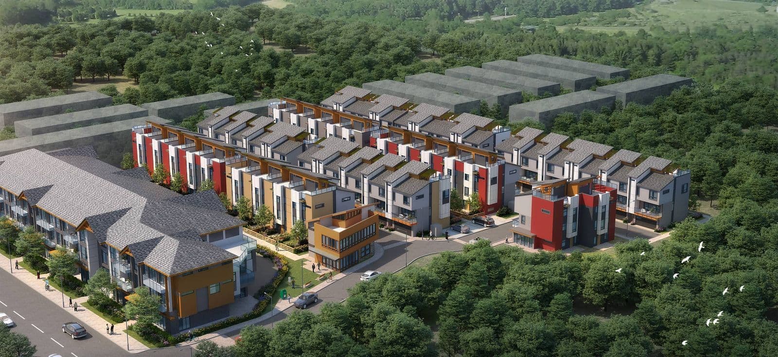 Summerset – Aerial rendering of a townhome and low-rise condo complex laid out among mature trees, with a future-phase building outlined in gray at the rear.