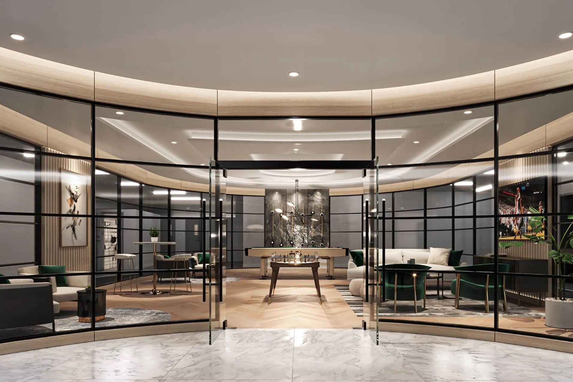 Concord Metrotown – A sophisticated modern game lounge enclosed by black-framed curved glass partitions, viewed from a polished marble foyer. Inside, the space features warm wood herringbone floors, a billiards table, a foosball table, plush green velvet armchairs, and a stylish seating area under warm recessed lighting.