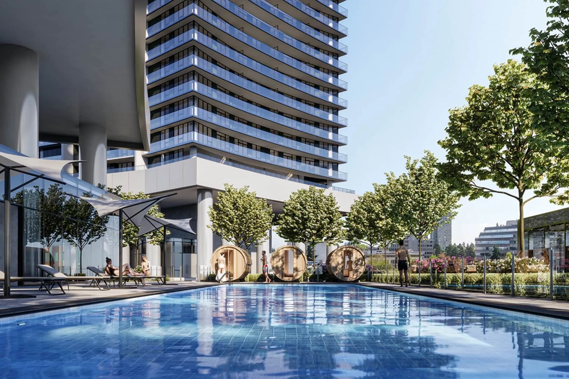 Concord Metrotown – A bright, sunny outdoor pool deck features lounge chairs, shade sails, and three wooden barrel saunas lined up along the water's edge. The space sits at the base of a modern high-rise residential tower with curved glass balconies, surrounded by lush green trees and landscaping.