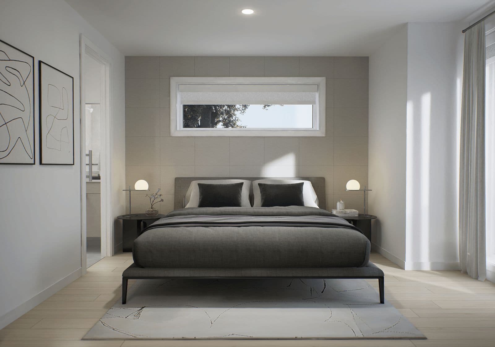 Terza – Bedroom with a gray upholstered bed, dark accent wall, and a narrow window looking out to trees.