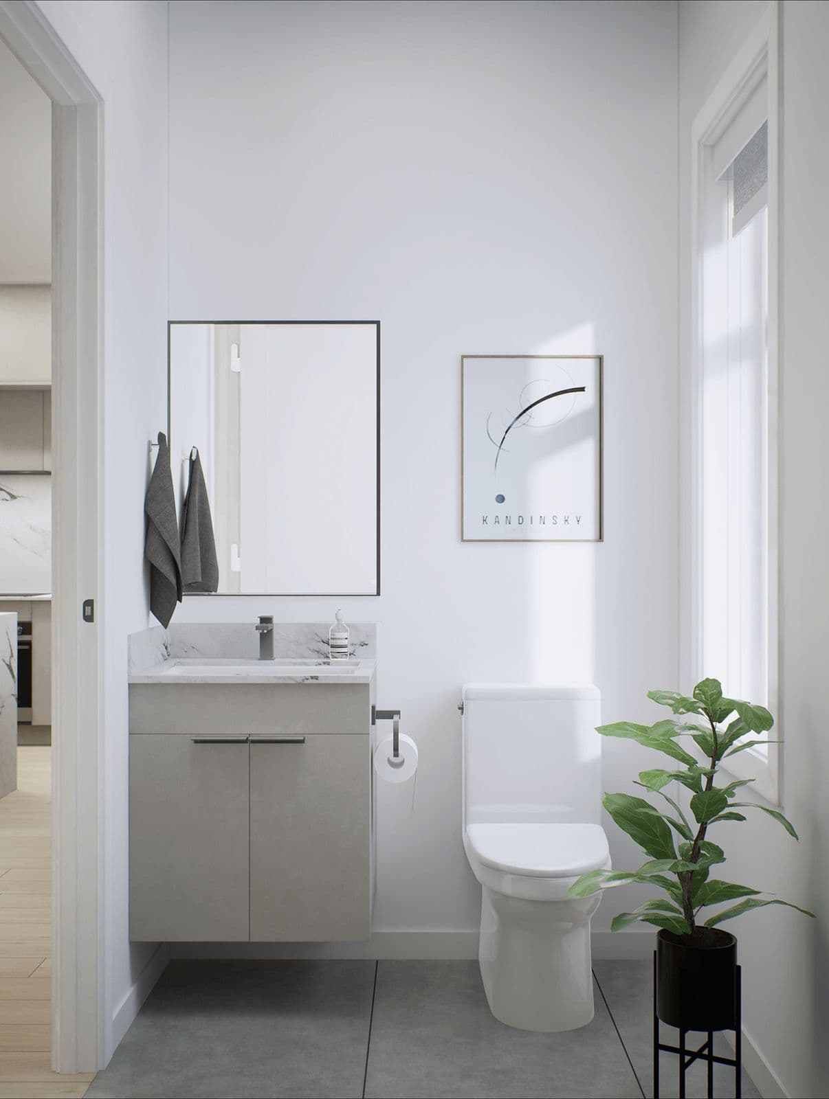 Terza – Small powder room with a floating vanity, mirror, toilet, and a framed Kandinsky-style print on the wall.