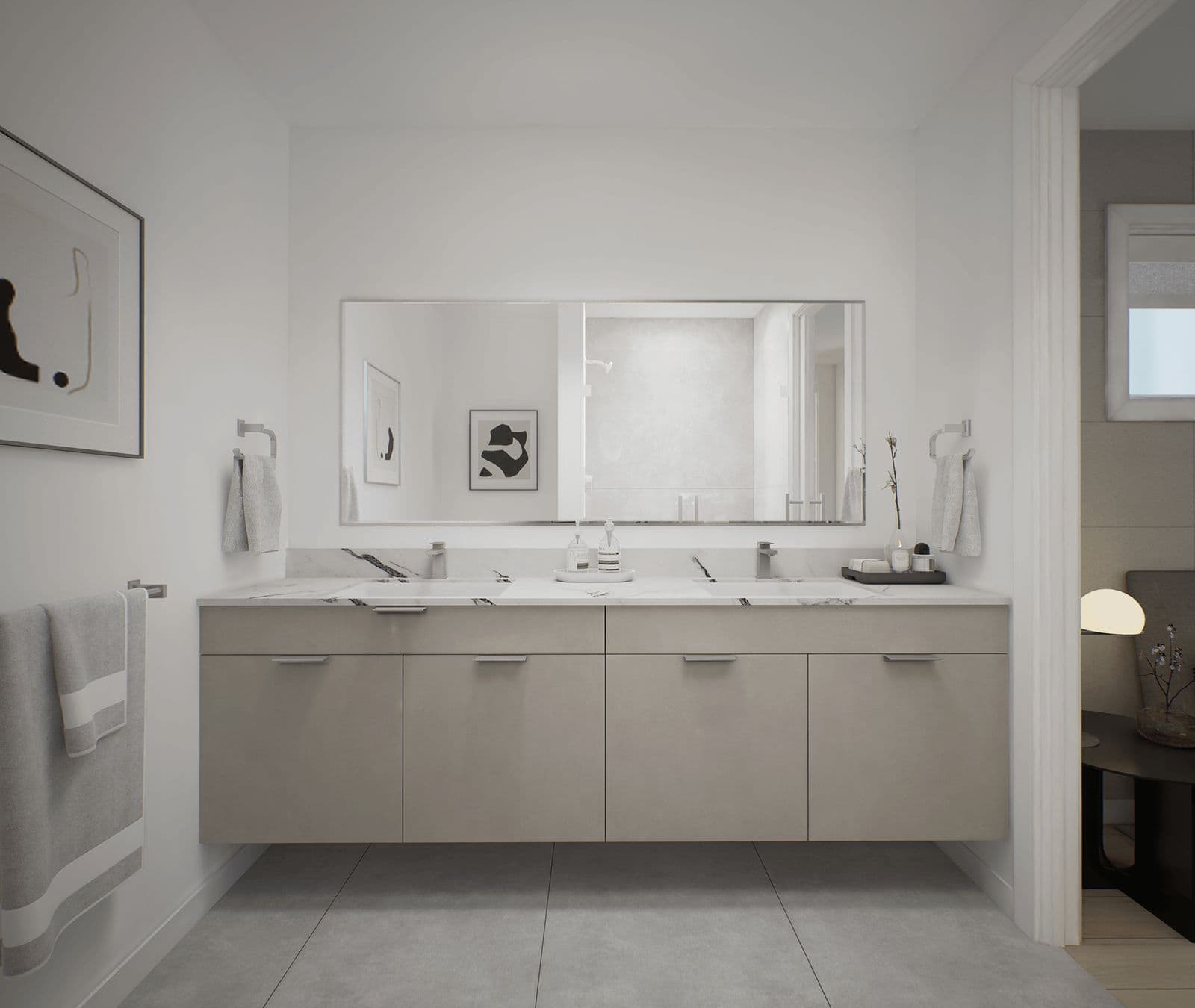 Terza – Bathroom with a floating double-sink vanity, large mirror, and marble countertop.