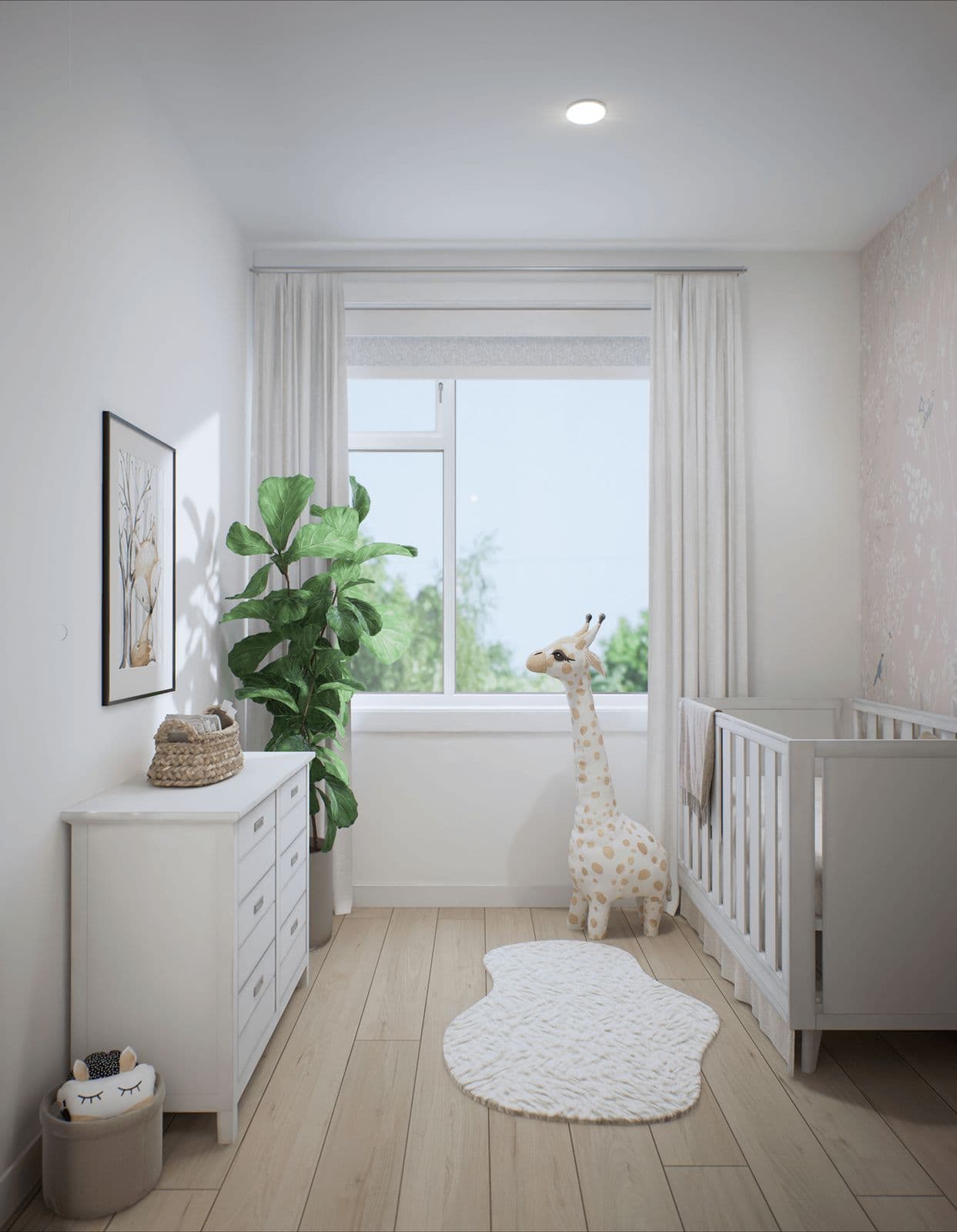 Terza – Nursery with a white crib, dresser, stuffed giraffe toy, and patterned wallpaper on one wall.