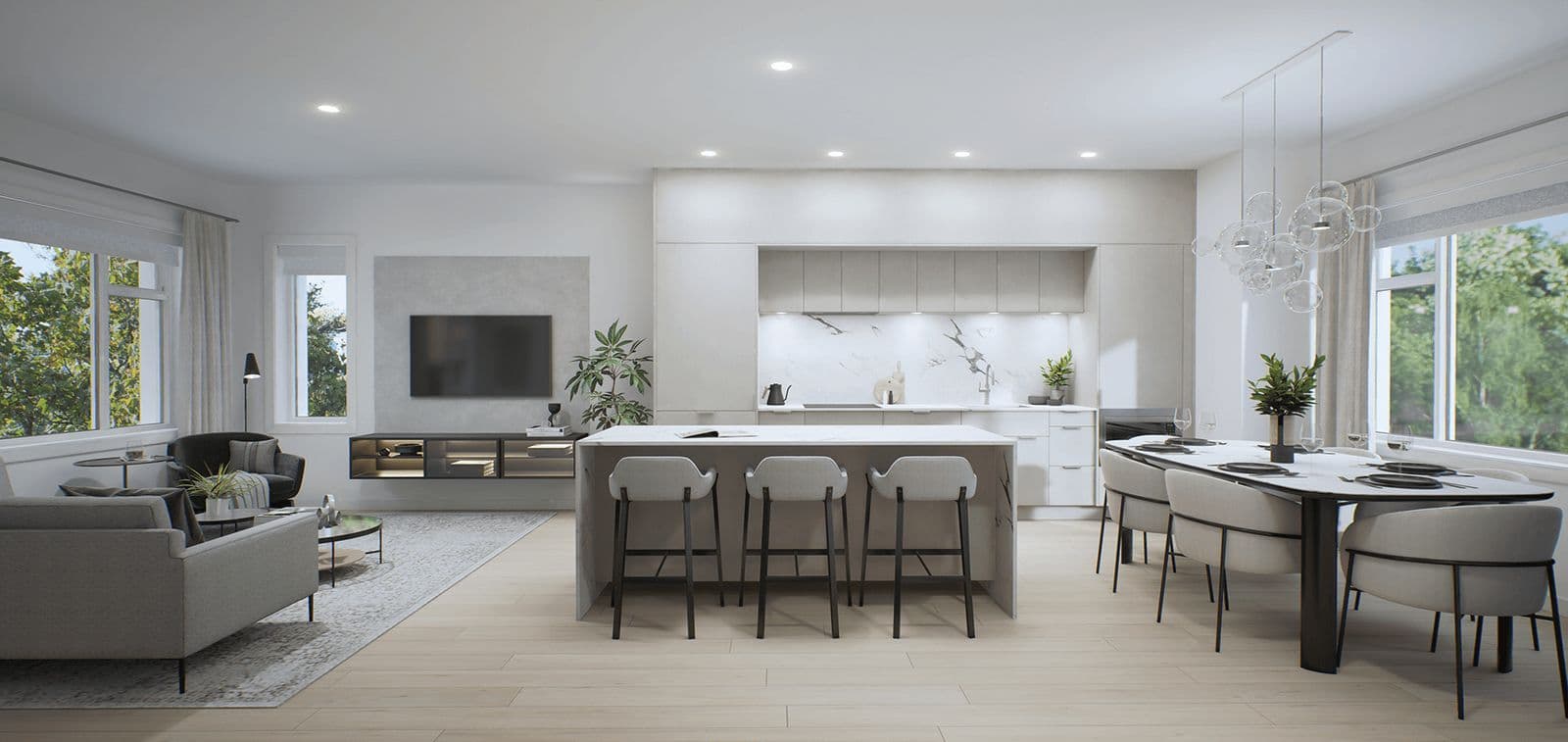 Terza – Open-concept kitchen, dining, and living area with a marble backsplash, kitchen island with bar stools, and a dining table with pendant lighting.