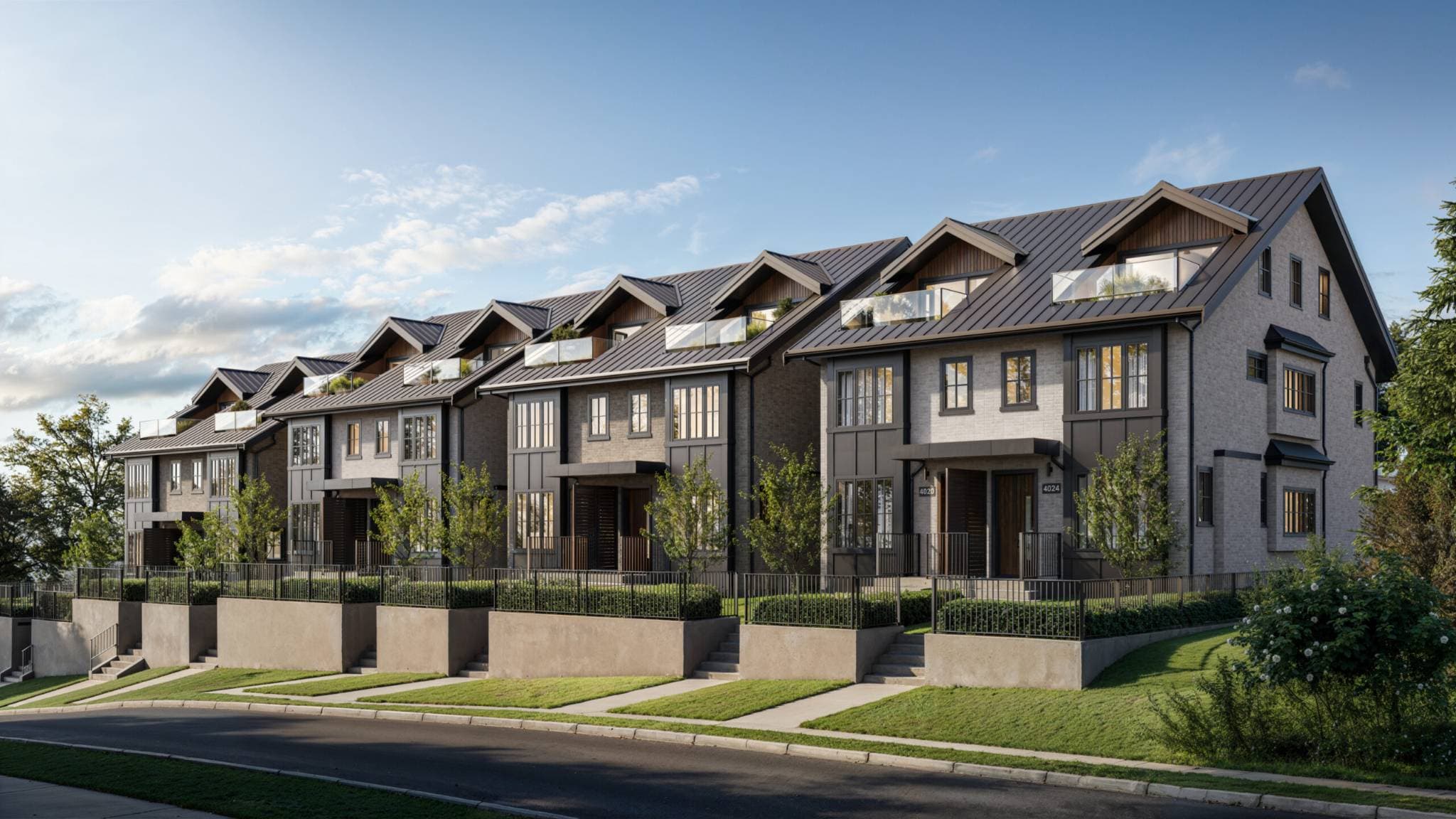 Octave – A row of modern three-story townhomes features light grey brick masonry, dark metal standing-seam pitched roofs, gables, and private glass-railed rooftop patios. Set along an inclined street, the development includes manicured lawns, concrete retaining walls, black iron fencing, and small young trees under a soft, early evening sky.