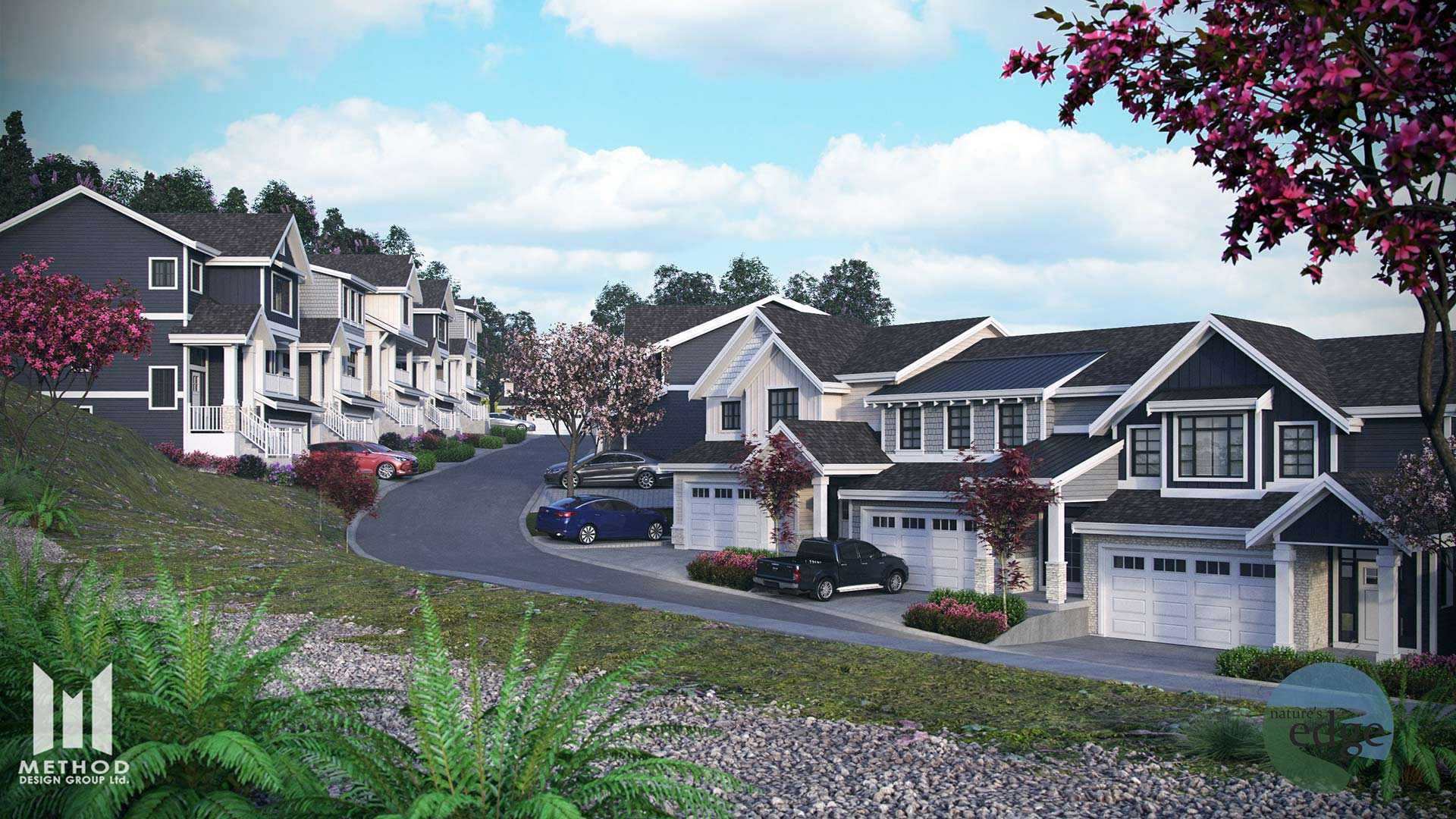 Nature's Edge – Elevated street rendering of the community showing several homes on a sloped road with the project's logo overlay.