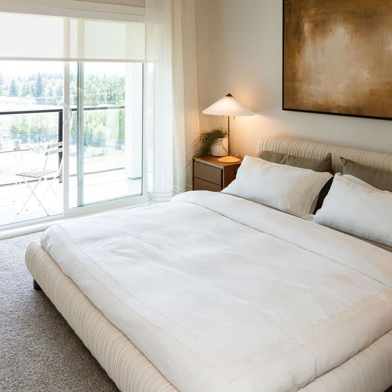 Fox and Aikins – Bedroom with white bedding, a metallic abstract painting above the headboard, and sliding doors to a balcony with a distant view.