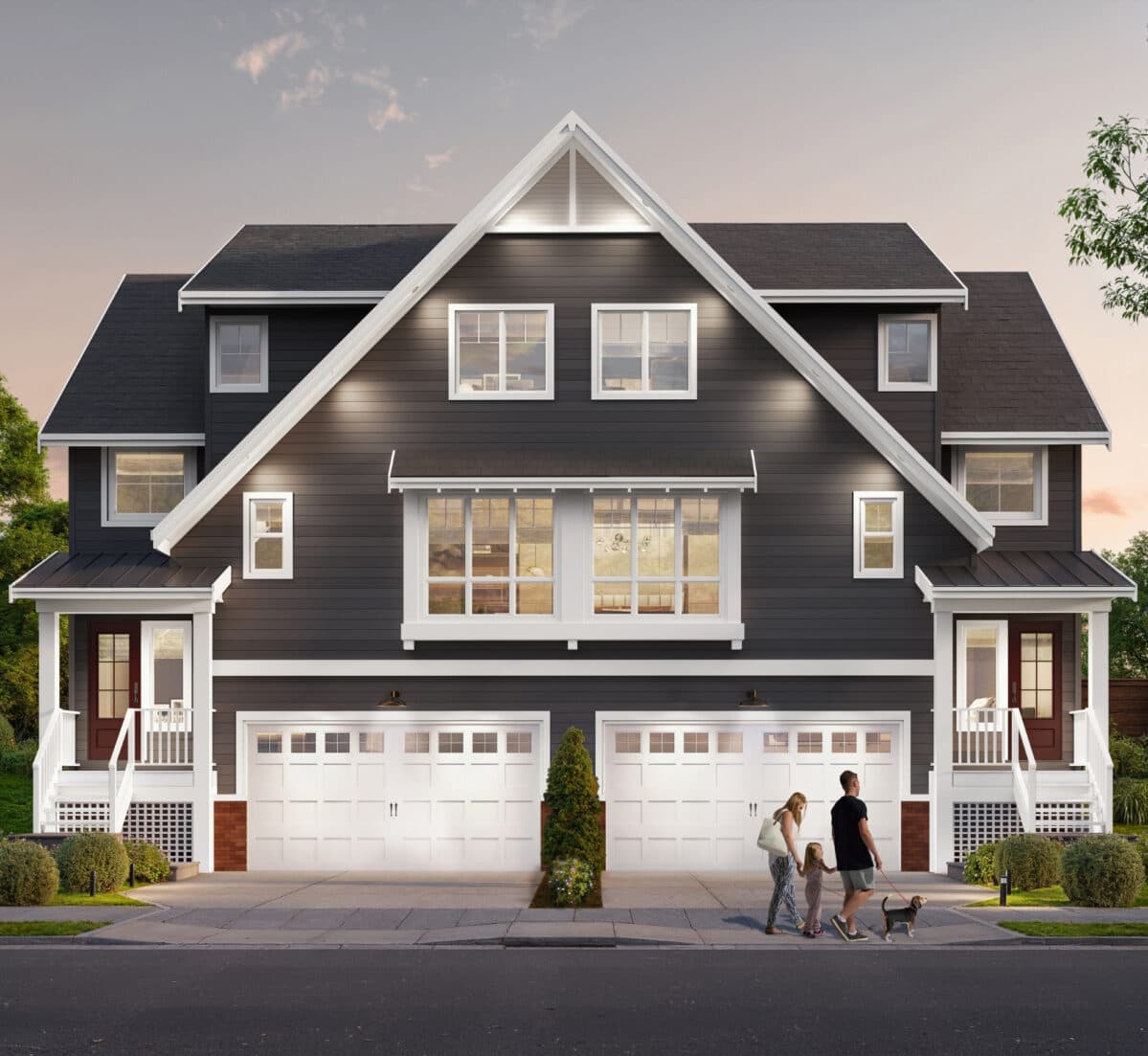 West Field at Cooper Meadows – Rendering of a dark grey duplex-style home with a large centered gable, two side-by-side garages, and a family with a dog walking on the sidewalk in front.