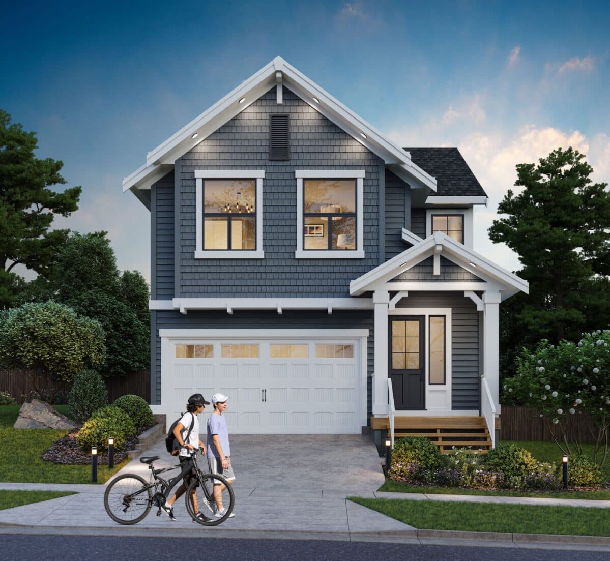 West Field at Cooper Meadows – Rendering of a dark blue-grey shingled home with white trim, a covered entry porch, and two teens with a bicycle on the driveway at dusk.