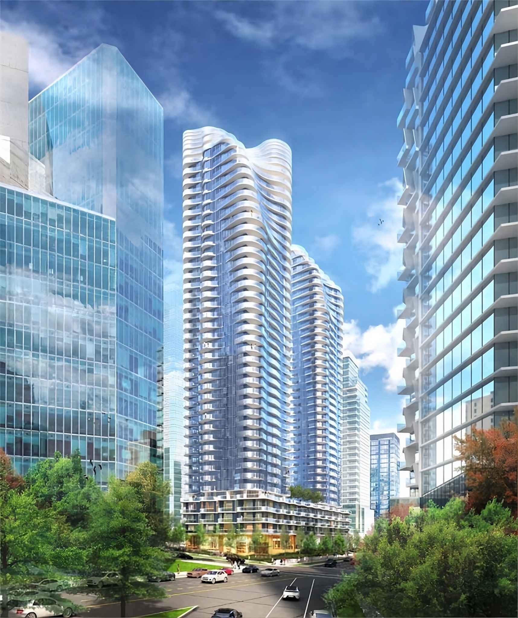 Alberni at Cardero Condos – A ground-level street perspective of modern high-rise residential towers featuring distinctive undulating white balconies and expansive glass facades. Lush green trees line the foreground along a multi-lane city street under a bright, partly cloudy daytime sky.
