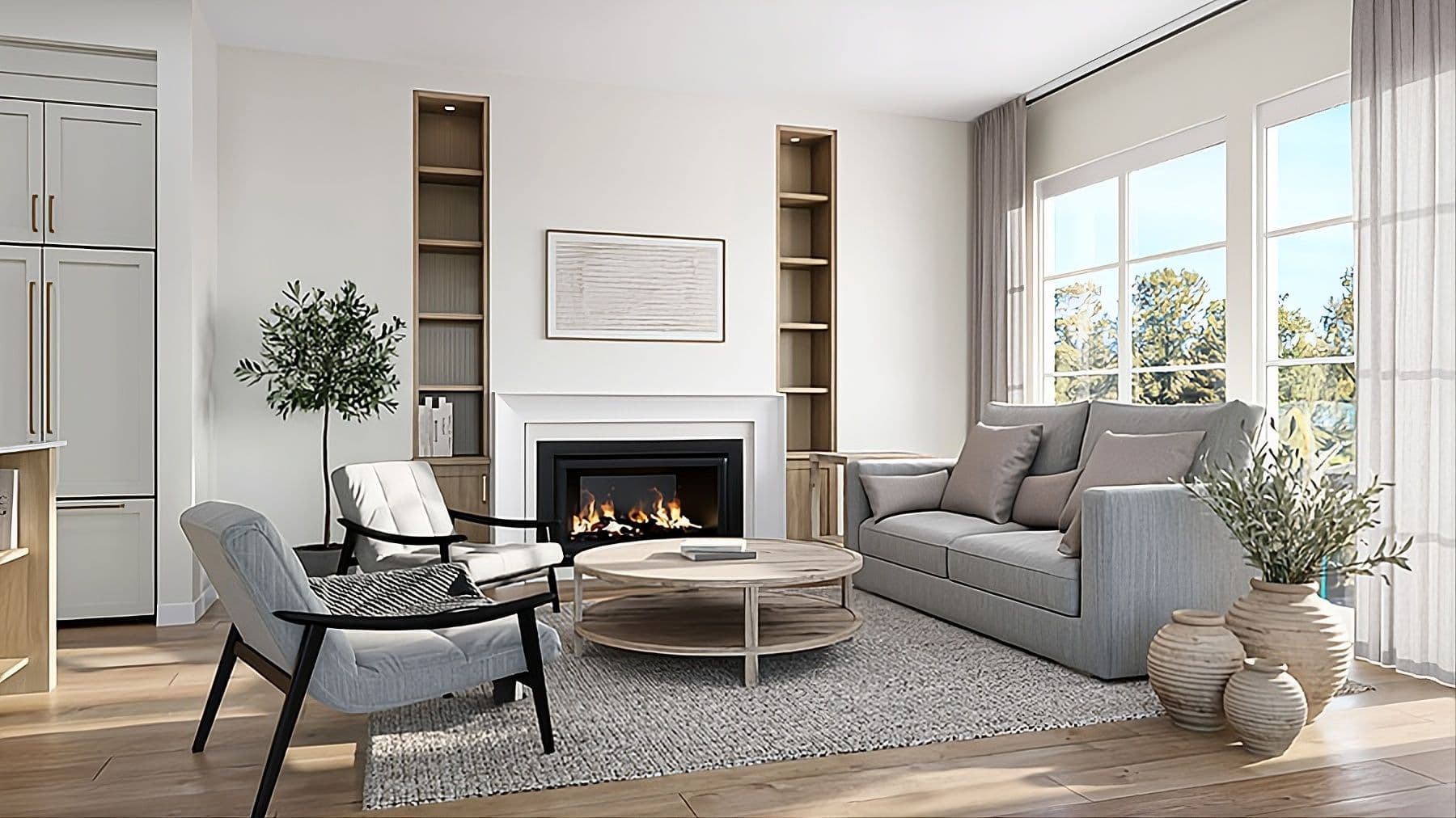 Encore Estates – Living room with a grey sofa, built-in bookshelves flanking a gas fireplace, framed art, and large windows with sheer curtains.