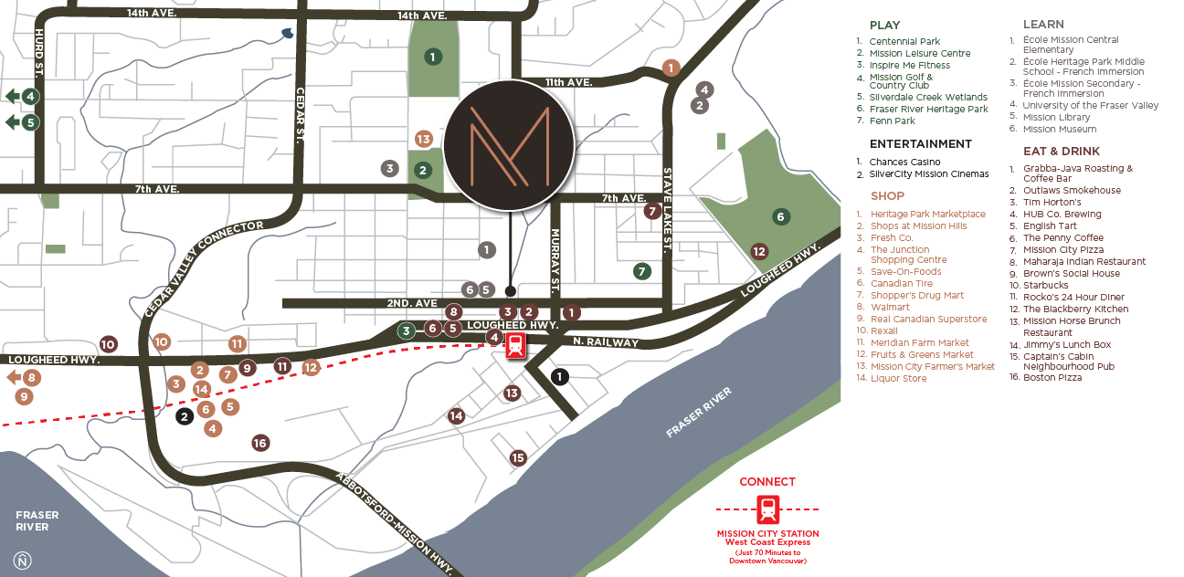 Montgomery – A local area map showing the development's location relative to parks, schools, shopping, restaurants, and the Mission City train station.