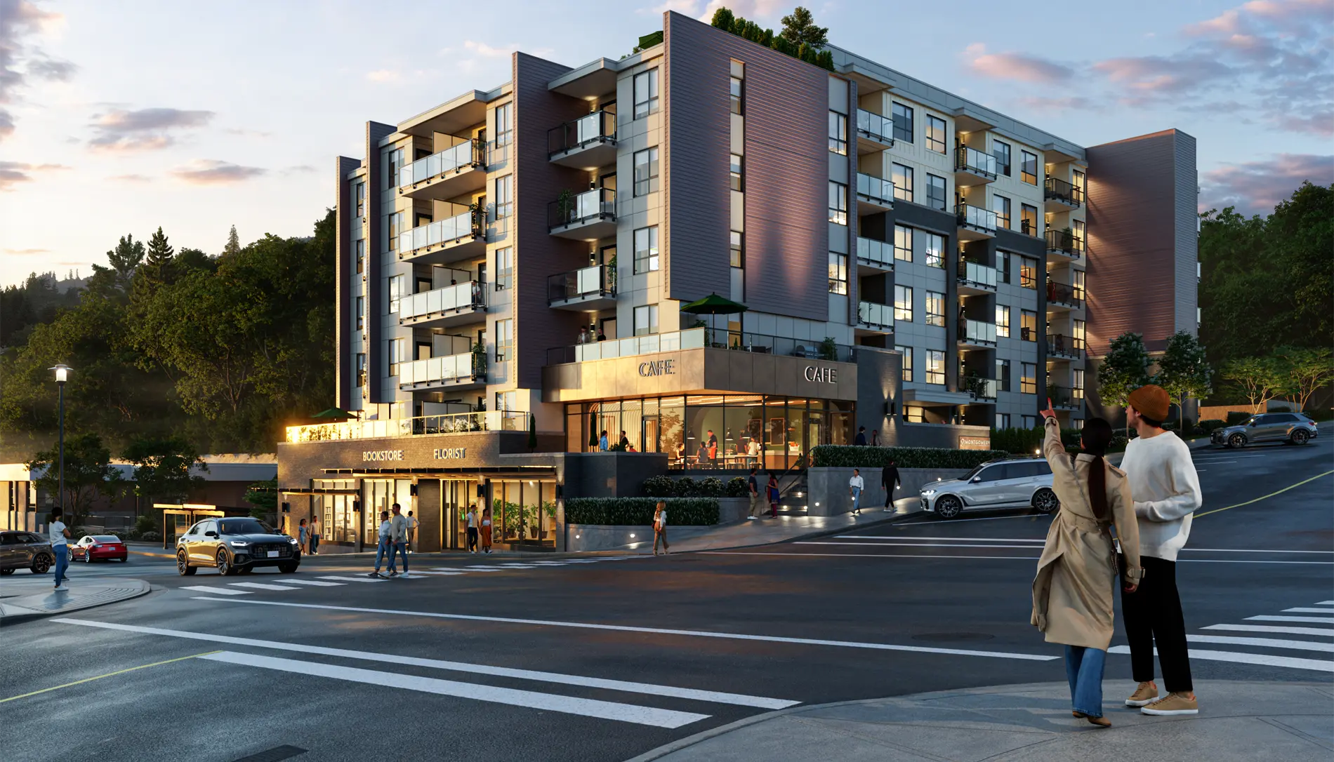 Montgomery – A street-level rendering at dusk of the Montgomery building with a ground-floor cafe, bookstore, and florist, and pedestrians crossing the street.