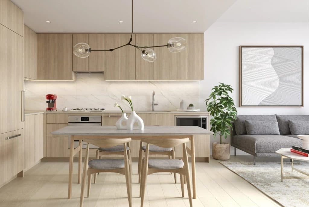 Alina – Open-concept kitchen and living room rendering with light wood cabinetry, marble backsplash, a wood dining table, and a grey sofa with abstract wall art.