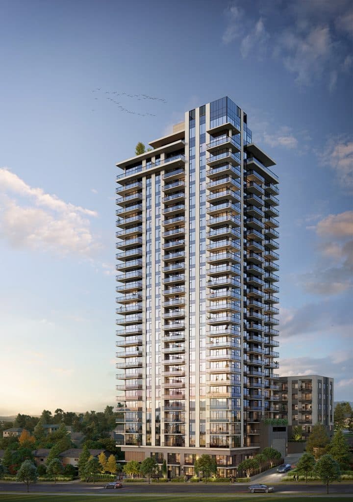 Alina – Full-height rendering of a tall glass condo tower with continuous wrap-around balconies, next to a shorter sister building, at dusk with birds flying overhead.