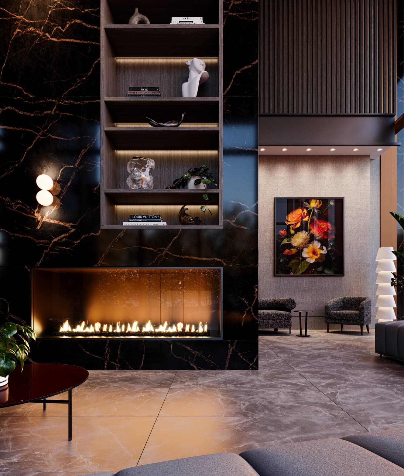 Bassano – Lobby lounge seating area with a linear gas fireplace, dark marble feature wall, built-in display shelving with decor, and a colorful floral artwork on the adjacent wall.