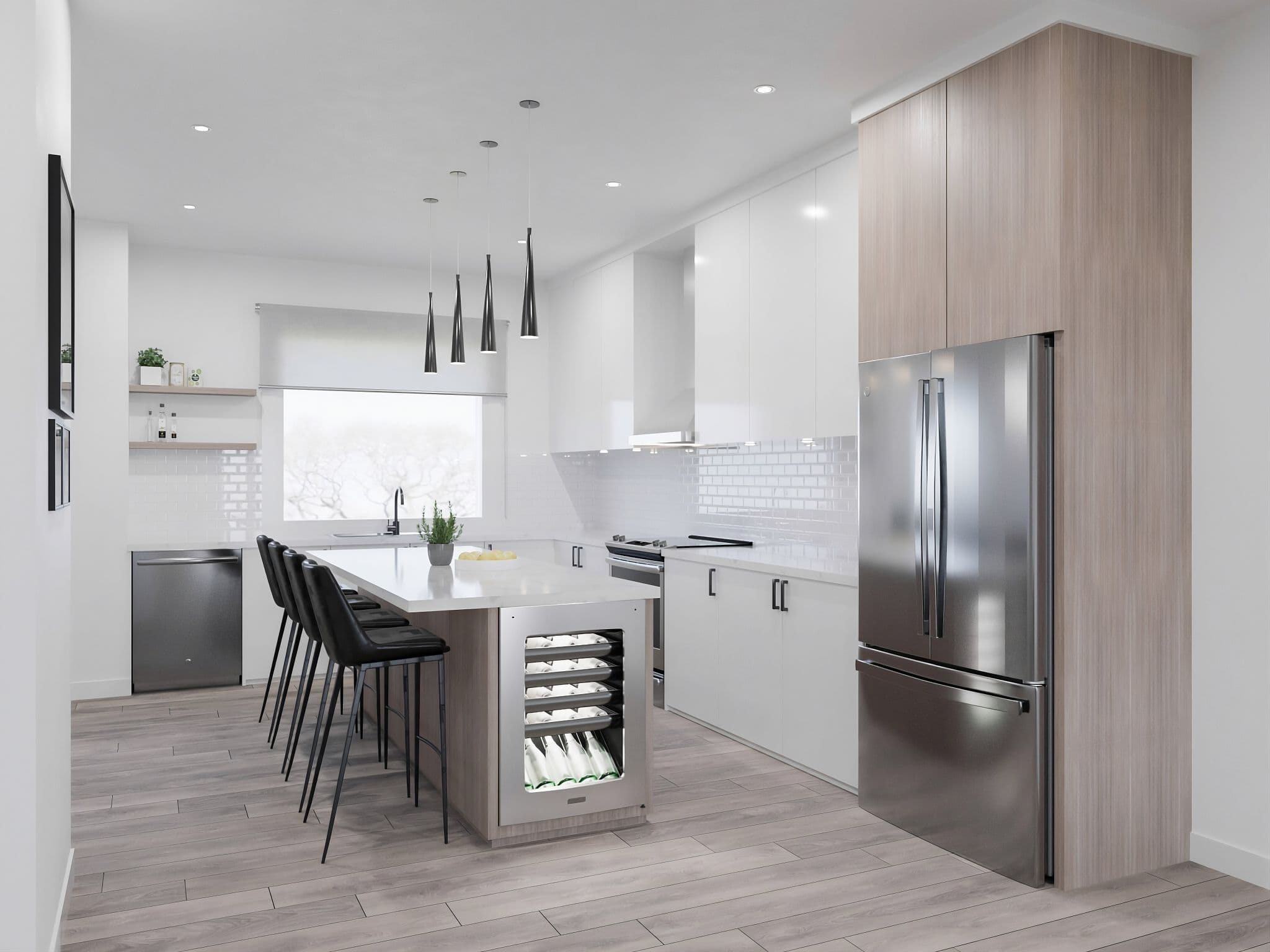 Mason Living – Modern kitchen with a large quartz waterfall island, bar seating, stainless appliances, white cabinetry and wood accents.