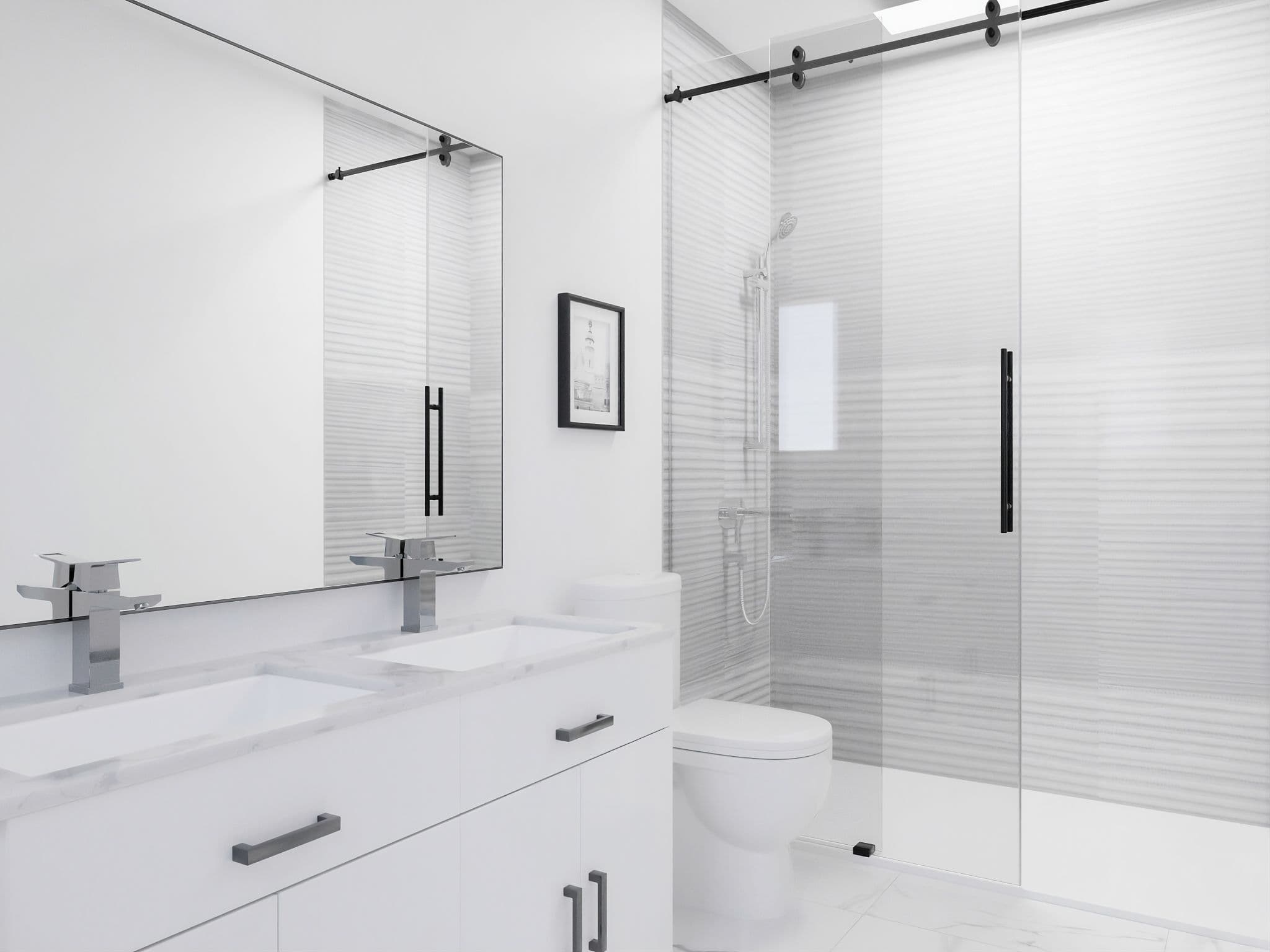 Mason Living – Ensuite bathroom with double vanity, quartz counter, large frameless mirror and a glass walk-in shower with textured tile.