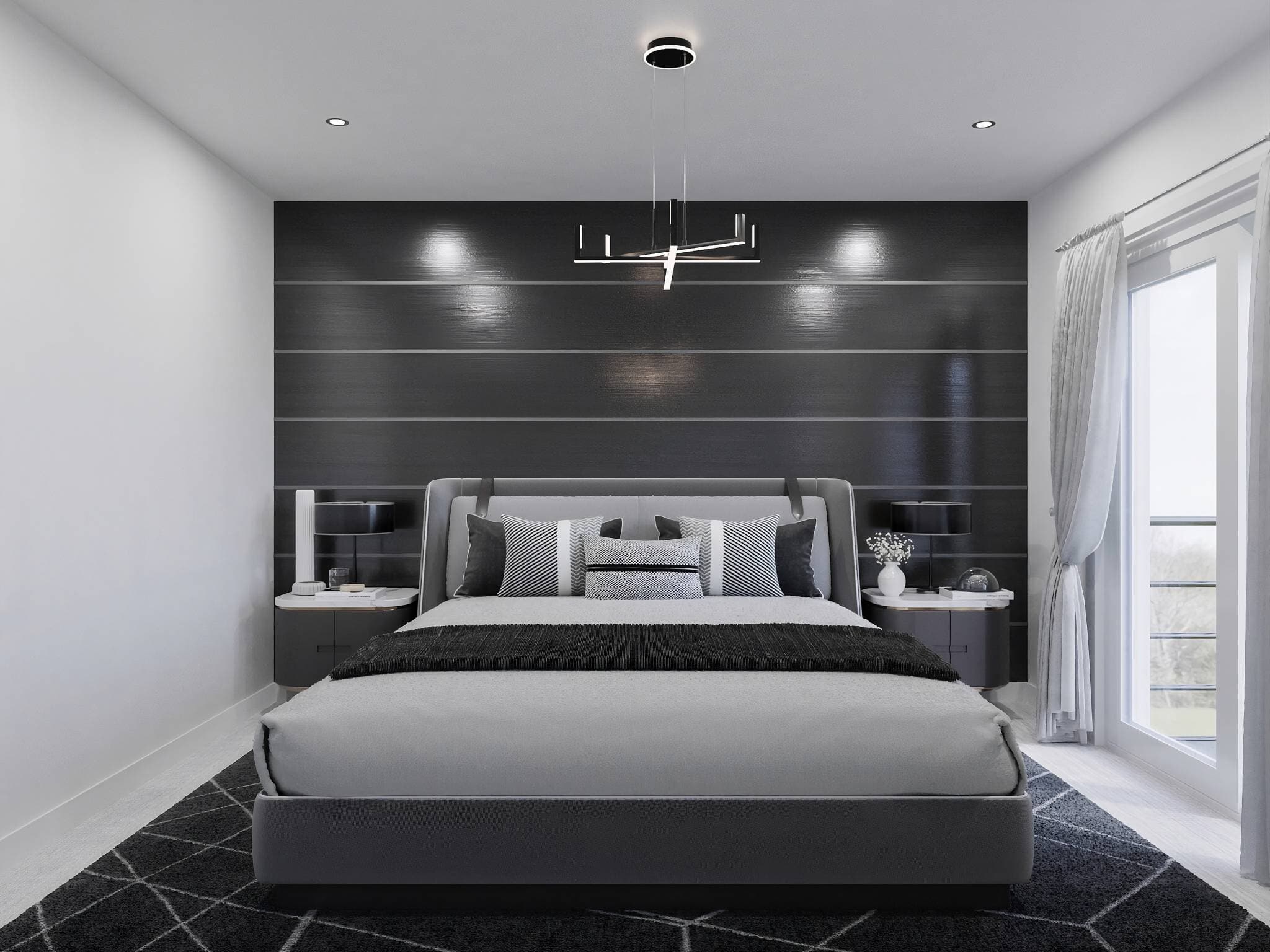 Mason Living – Primary bedroom with a dark horizontal-slat feature wall, king bed, dual nightstands, and a floor-to-ceiling window.