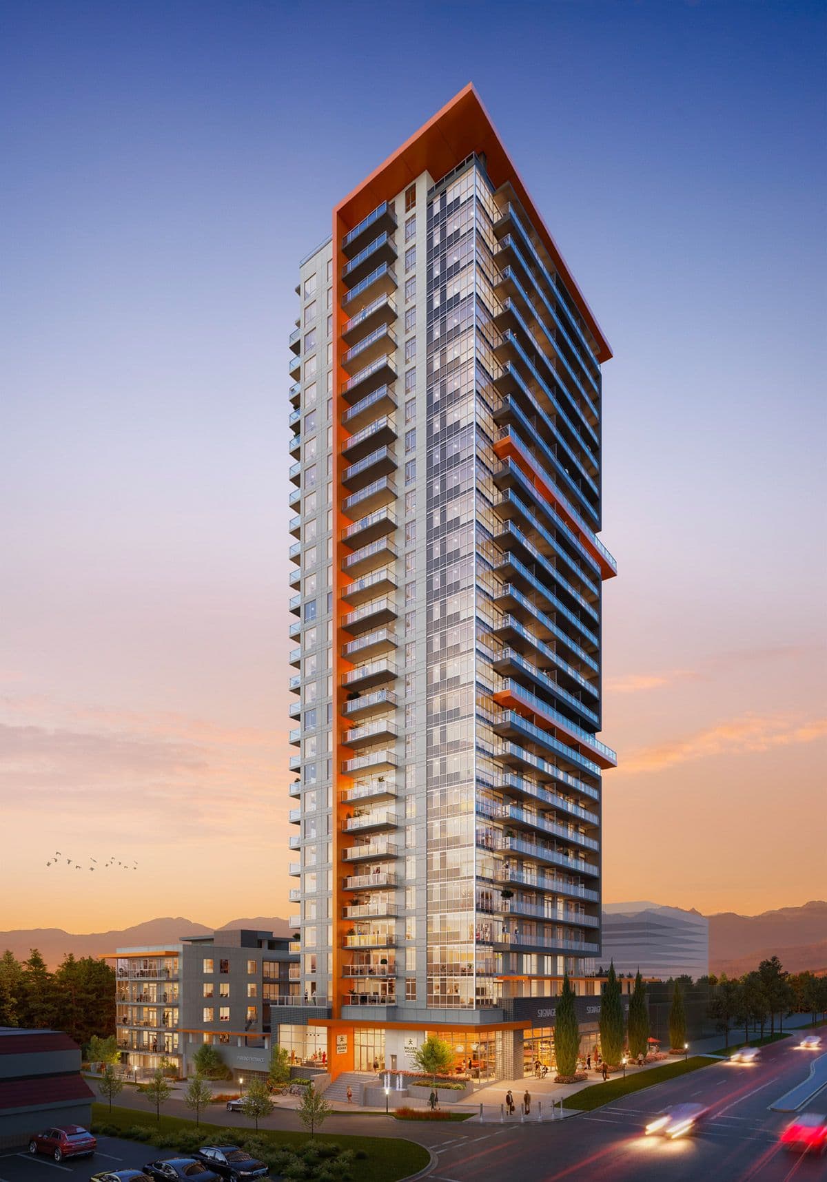 Walker House – A low-angle rendering of a tall, modern residential tower featuring a distinctive orange accent frame along its exterior balconies and roof overhang. The street level shows illuminated retail spaces, landscaping, and passing cars set against a warm sunset sky with mountain silhouettes in the distance.