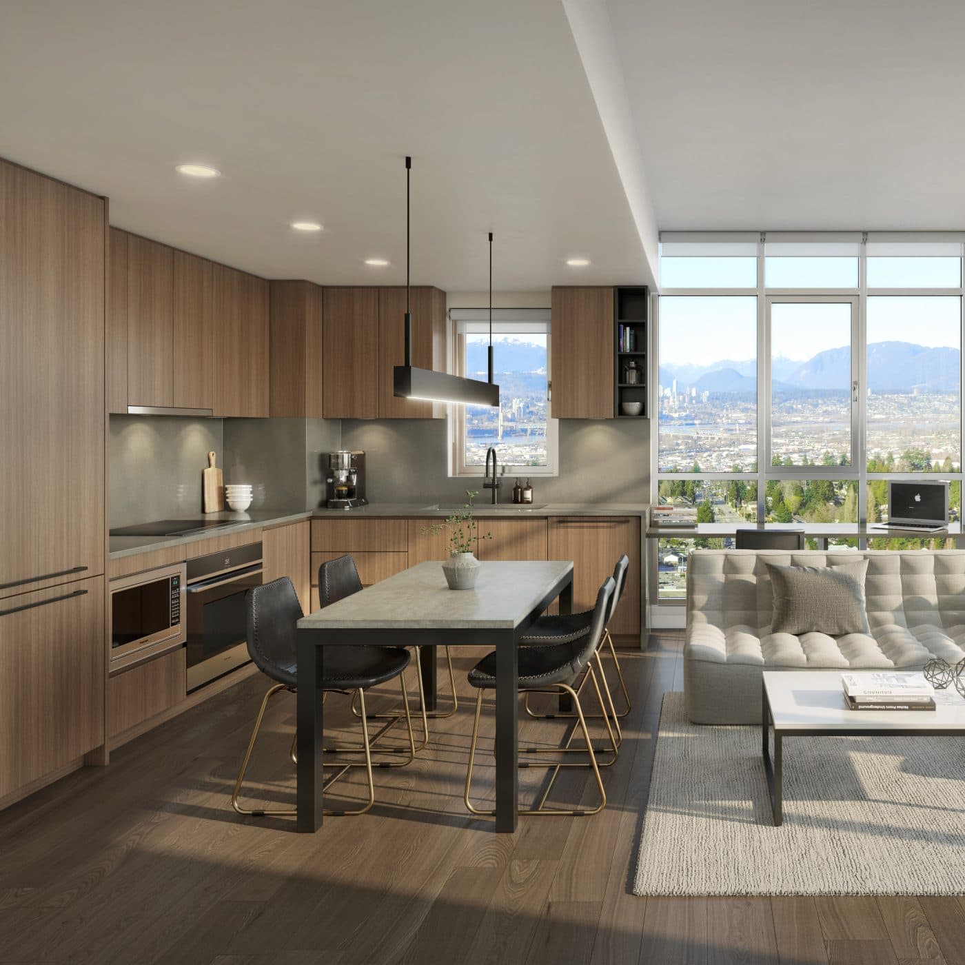 Walker House – An open-concept condo interior features a kitchen with warm wood cabinetry, integrated appliances, and an adjacent dining table with four black chairs. Sunlit floor-to-ceiling windows behind the tufted sofa offer panoramic views of a distant city skyline, water, and mountains.