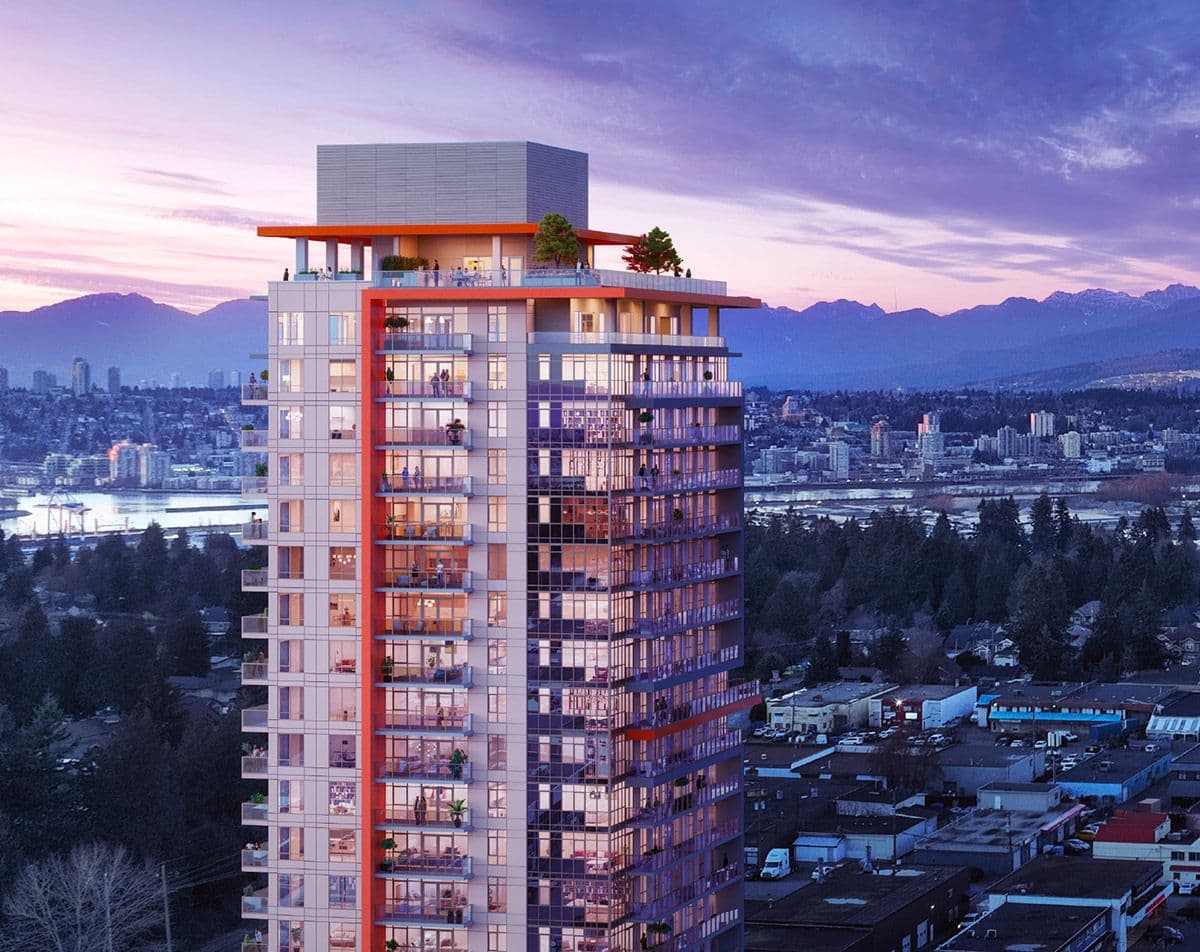 Walker House – An elevated view of a high-rise residential tower featuring modern glass balconies and orange architectural accents, set against a sunset sky. In the background, a sprawling urban skyline stretches out towards a body of water and distant mountain ranges under a purple and pink dusk sky.