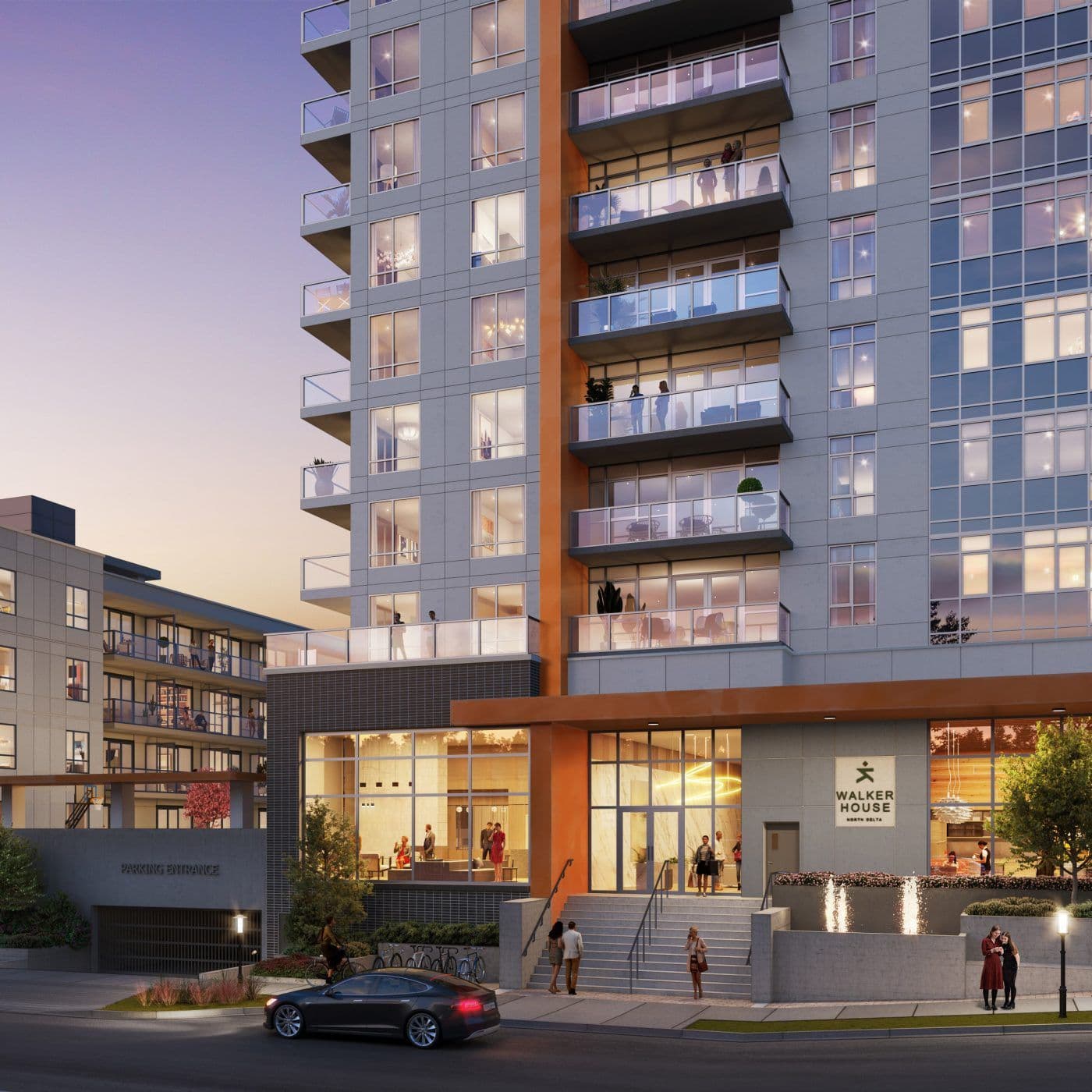 Walker House – A dusk rendering of a modern high-rise residential building showing the ground-level entrance with steps, water fountains, and bright lobby lighting. The facade features grey cladding, warm copper-orange vertical accents, glass balconies, and an adjacent underground parking entrance.