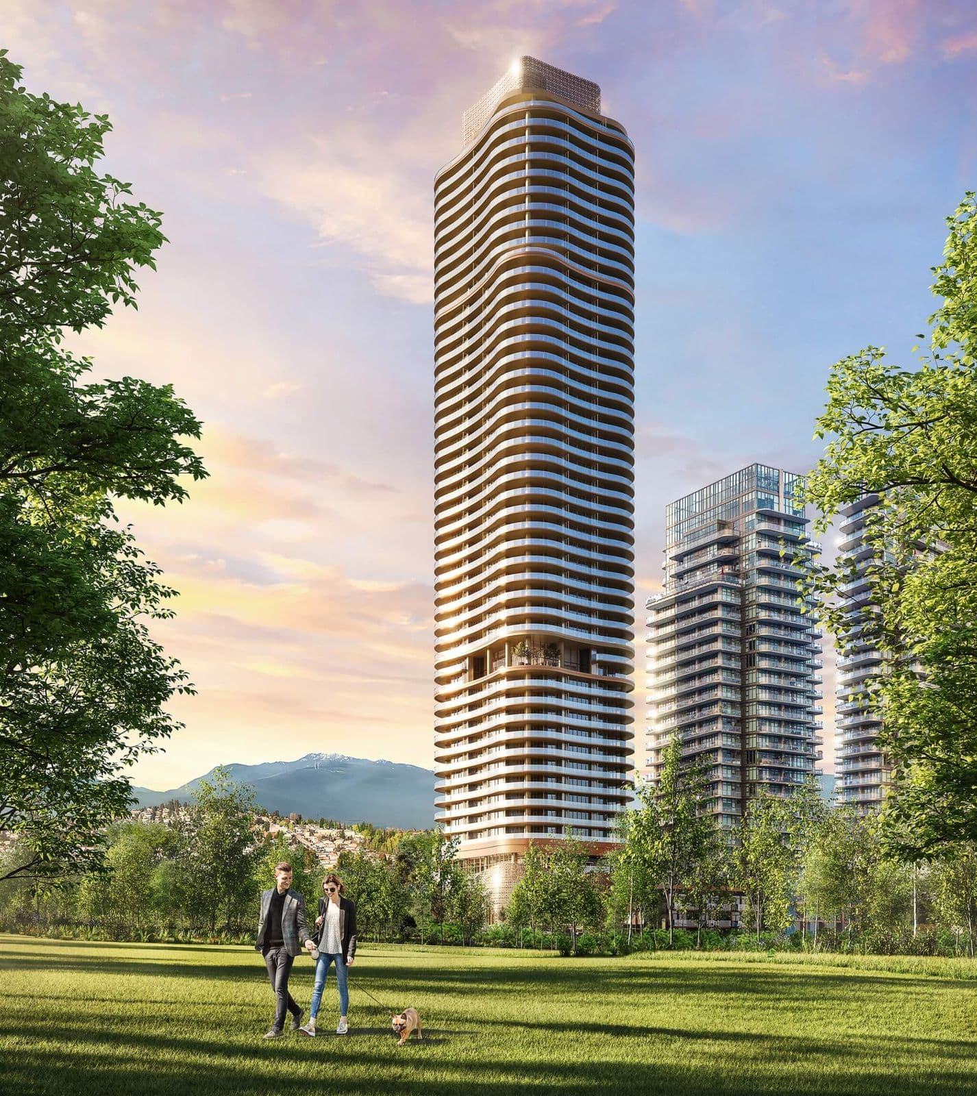 Étoile Gold Brentwood – Daytime exterior rendering of the tower rising above a grassy park, with two people walking a dog in the foreground and mountains in the background.