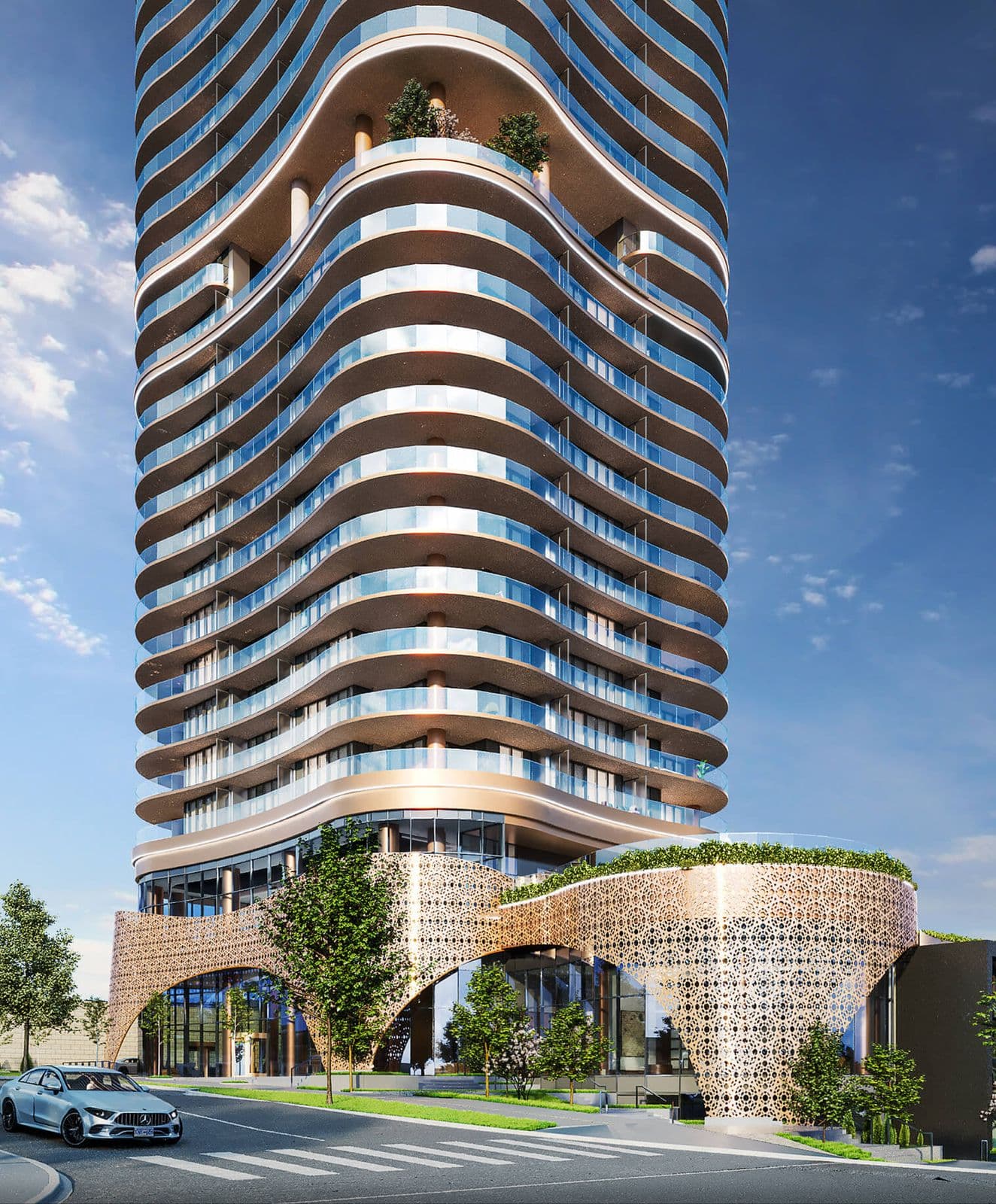 Étoile Gold Brentwood – Close-up daytime rendering of the tower's upper curved balconies with landscaped planters.