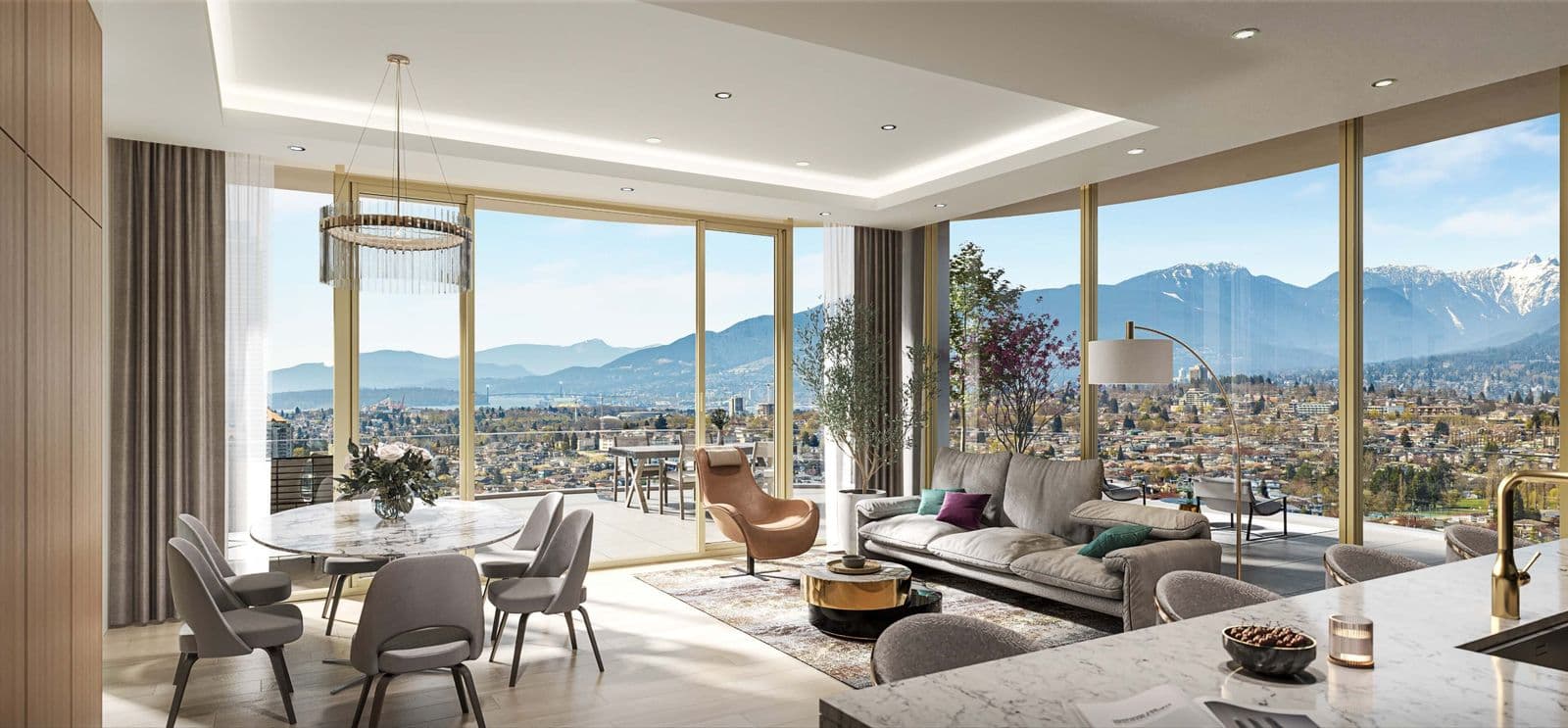 Étoile Gold Brentwood – Daytime living and dining room with round dining table and sofa, floor-to-ceiling windows showing mountains and city rooftops.