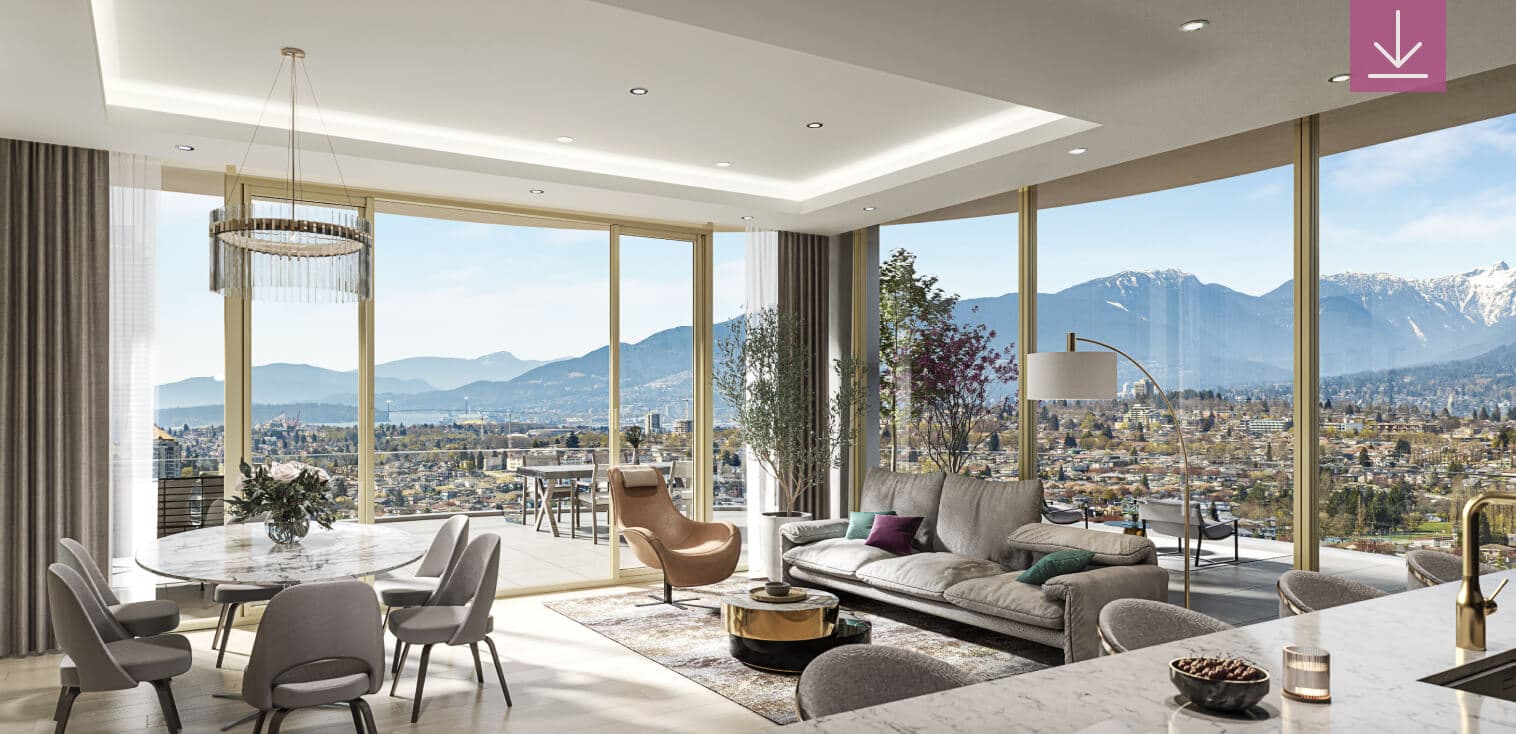 Étoile Gold Brentwood – Daytime living and dining room with round dining table, lounge chairs, and a sofa, floor-to-ceiling windows showing a mountain and city view.