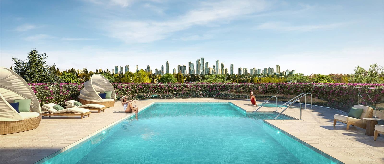 Étoile Gold Brentwood – Rooftop pool deck in daylight with lounge chairs, daybeds, and a city skyline in the background.