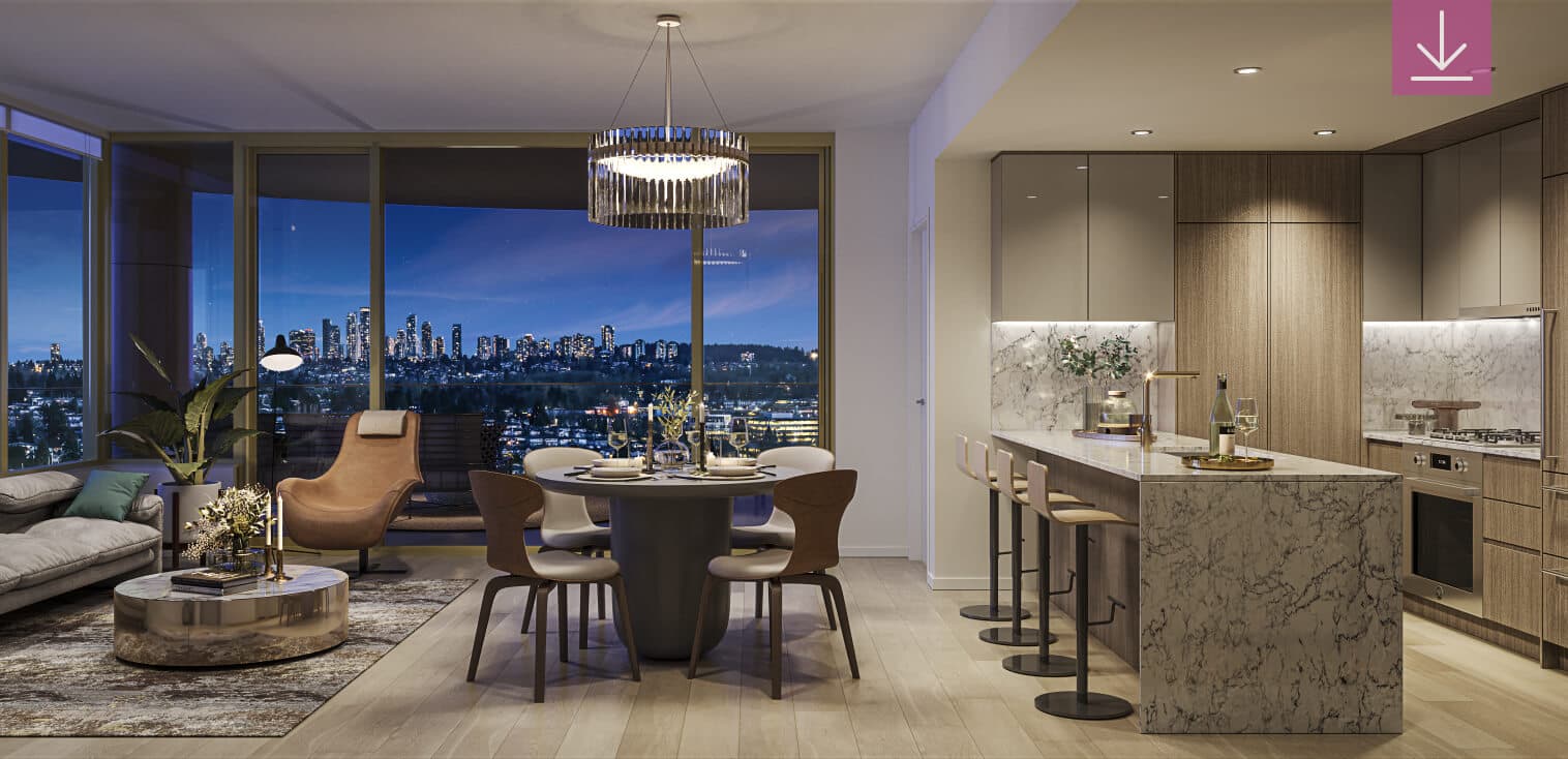 Étoile Gold Brentwood – Open-concept living, dining, and kitchen area at night with a round dining table and city skyline visible through floor-to-ceiling windows.