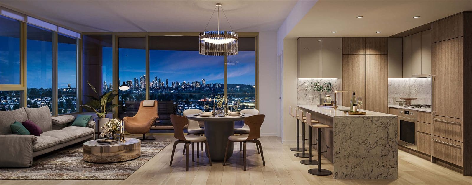 Étoile Gold Brentwood – Open-concept living, dining, and kitchen area at night with a round dining table and city skyline visible through floor-to-ceiling windows.