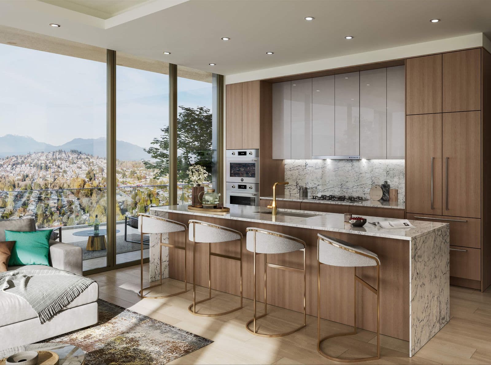 Étoile Gold Brentwood – Kitchen with wood and light cabinetry, marble backsplash, built-in wall ovens, and a view of mountains and neighborhood rooftops through the window.