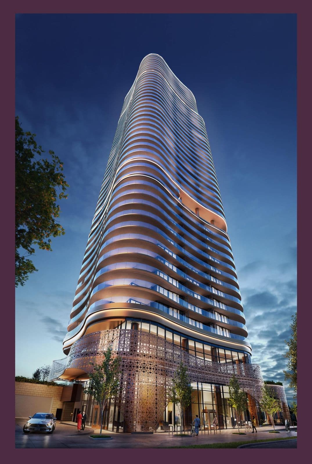 Étoile Gold Brentwood – Framed nighttime exterior rendering of the tower's base and entrance canopy with a car and pedestrians on the street.