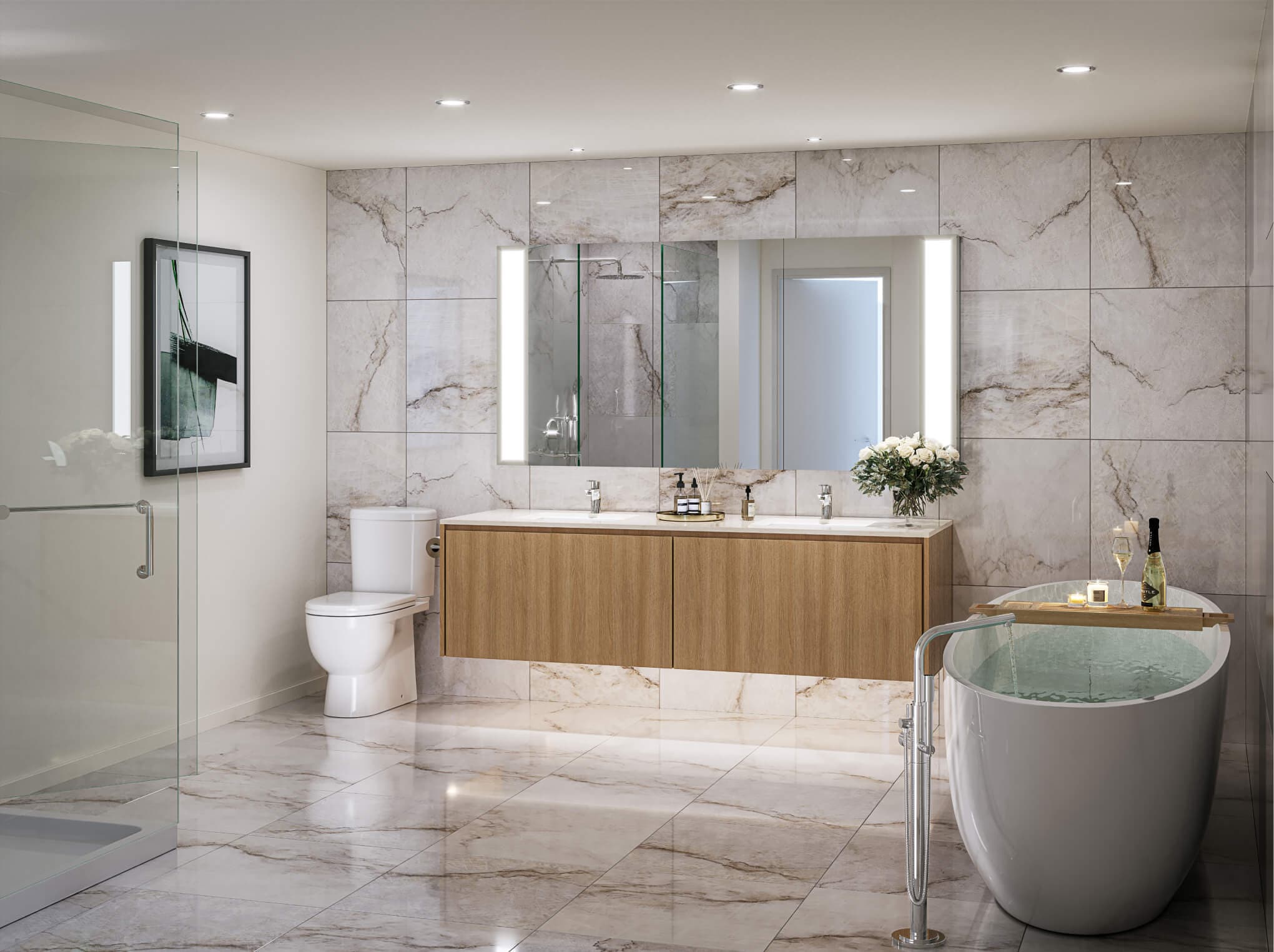 Étoile Gold Brentwood – Bathroom with a floating wood vanity, dual sinks, marble tile walls, and a freestanding soaking tub.