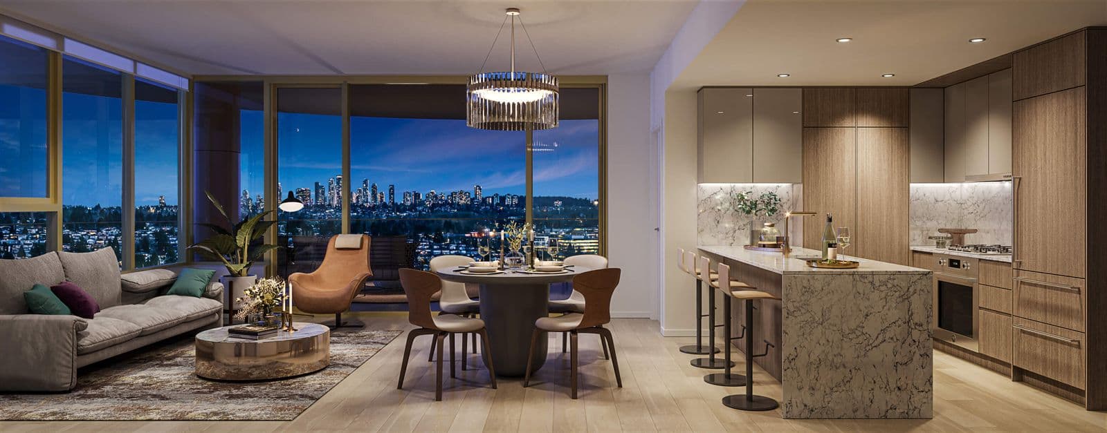Étoile Gold Brentwood – Open-concept living, dining, and kitchen area with a round dining table, sofa, and marble-topped kitchen island, night skyline visible through floor-to-ceiling windows.