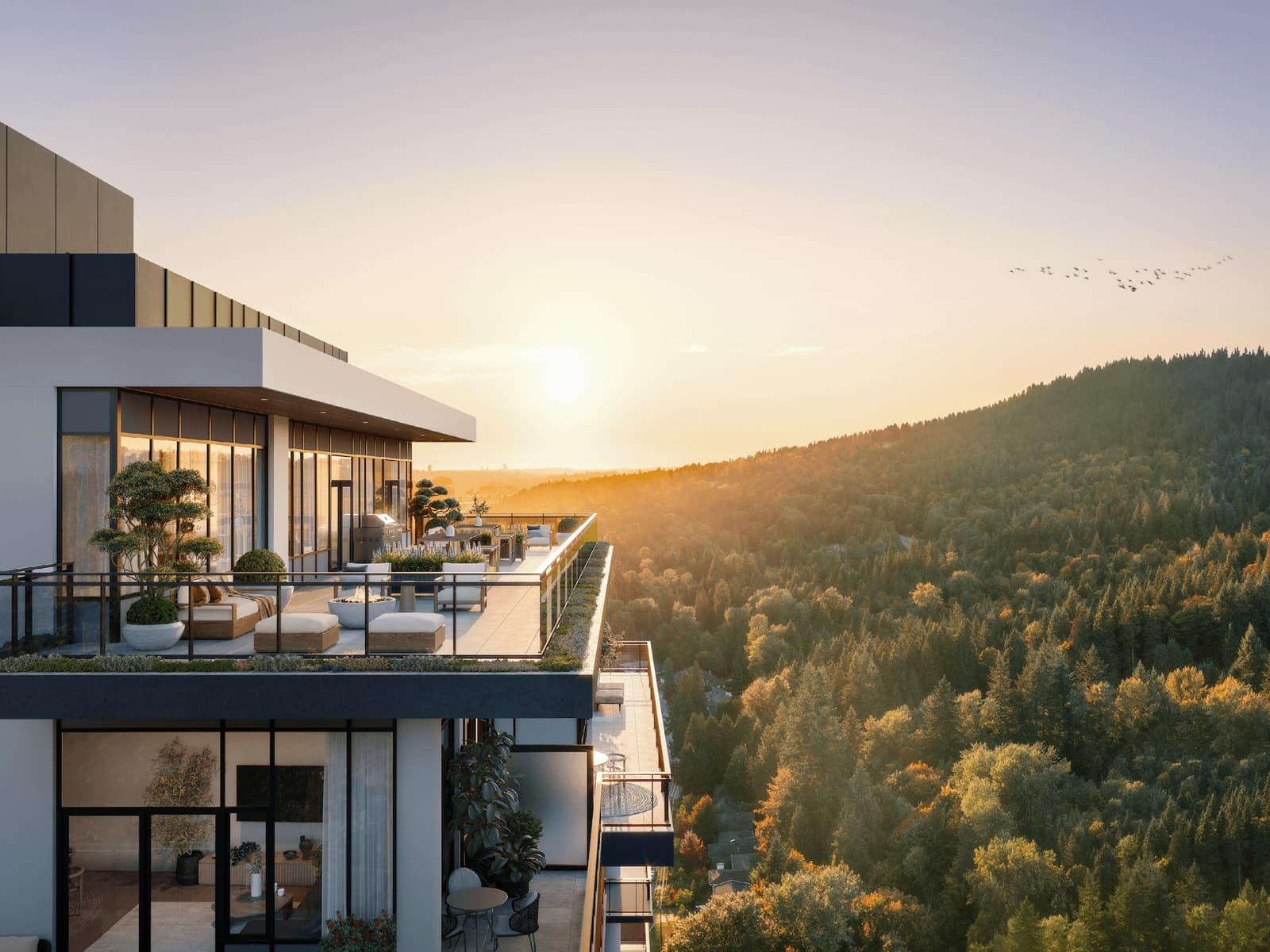 Kora – Rooftop terrace at sunset with lounge seating, potted trees, and a barbecue, overlooking a forested hillside.
