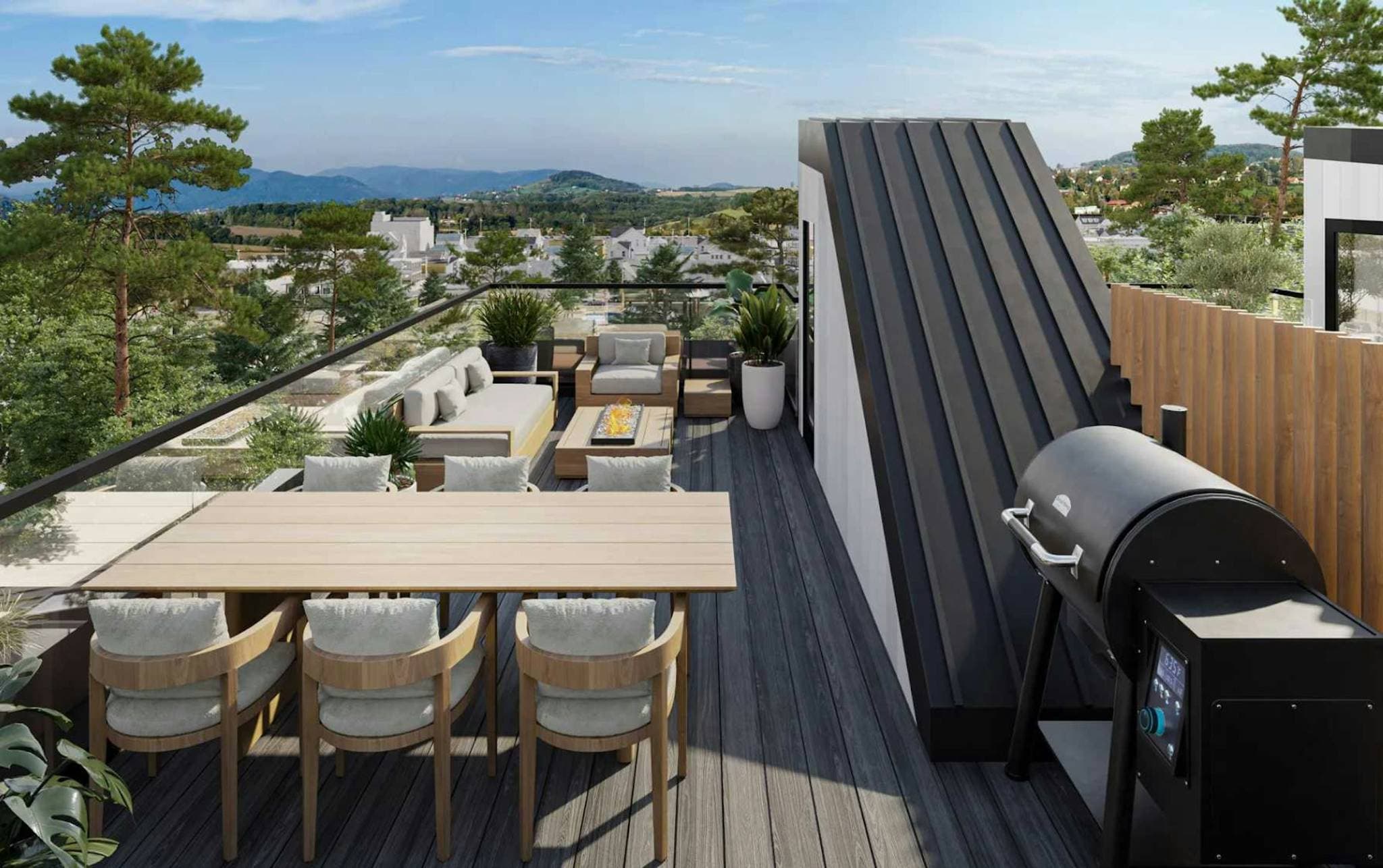 Lotus - The Botanical Collection – Rooftop deck with a wood dining table, lounge seating, fire pit, and BBQ grill, overlooking a valley and hills.