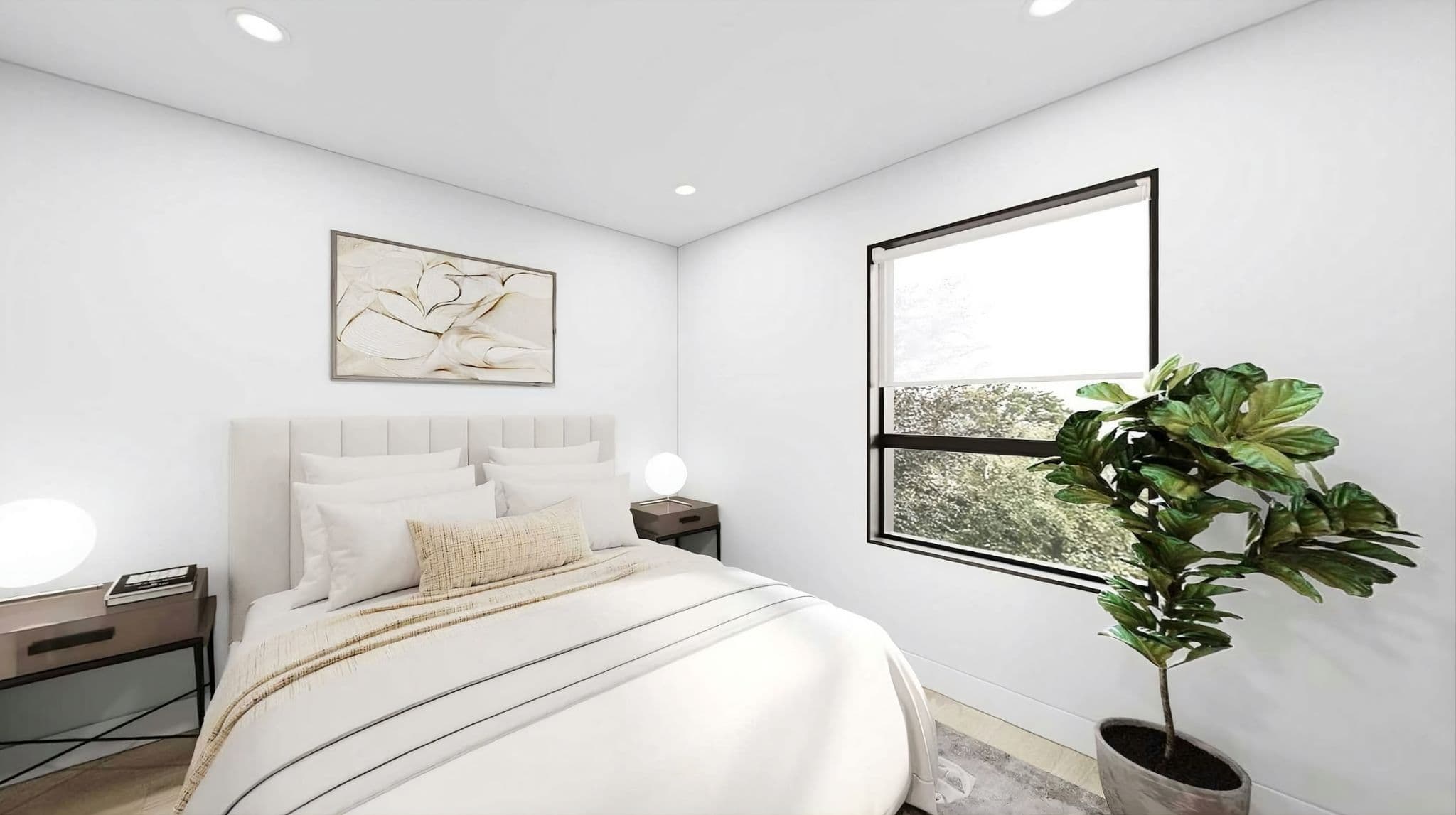 Lotus - The Botanical Collection – Bedroom with an upholstered bed, white bedding, nightstands with lamps, and a window looking out to trees.