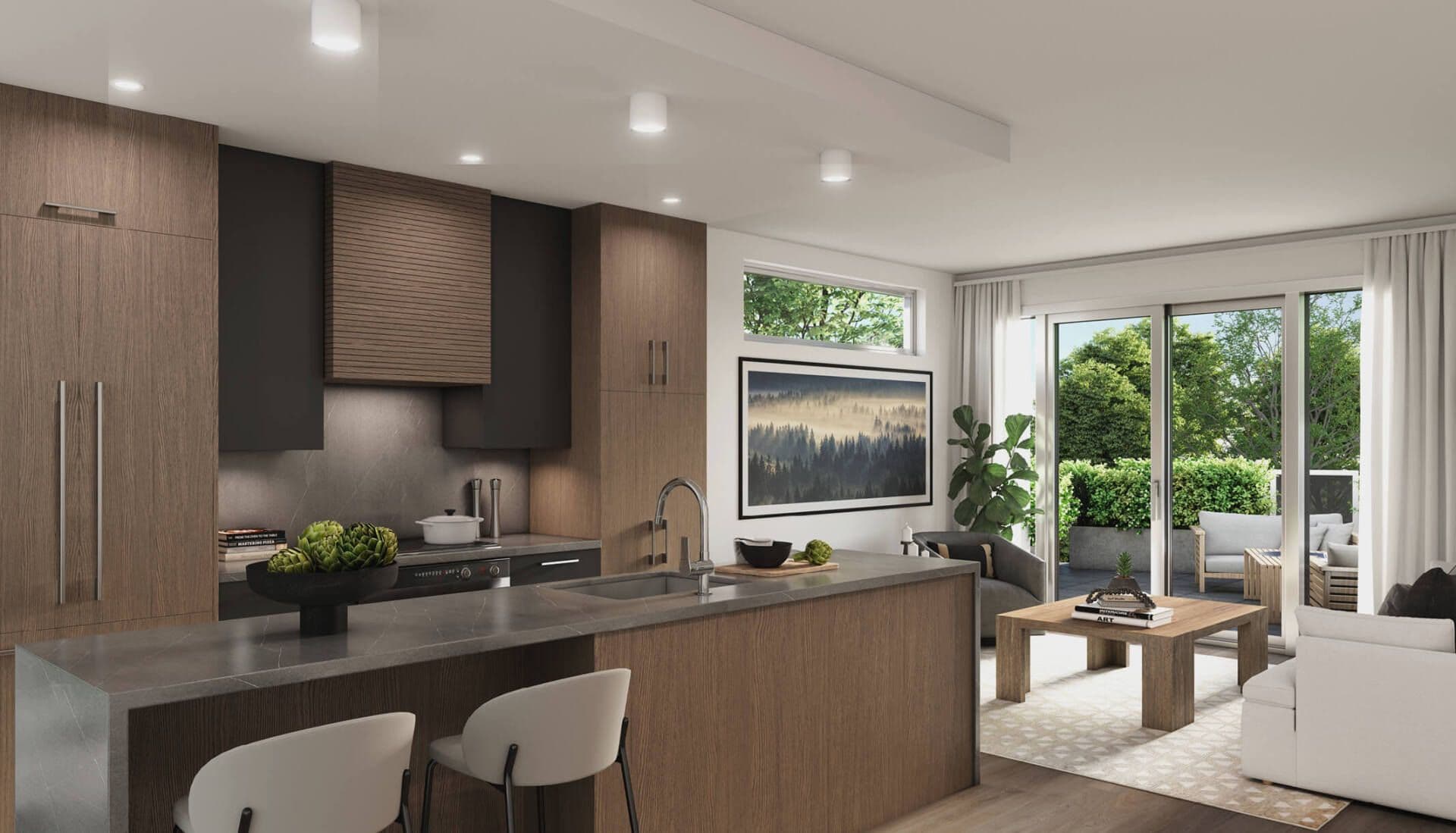 EIGHT – An open kitchen and living area with wood cabinets, a marble-look backsplash, and a framed misty forest print above the sofa.