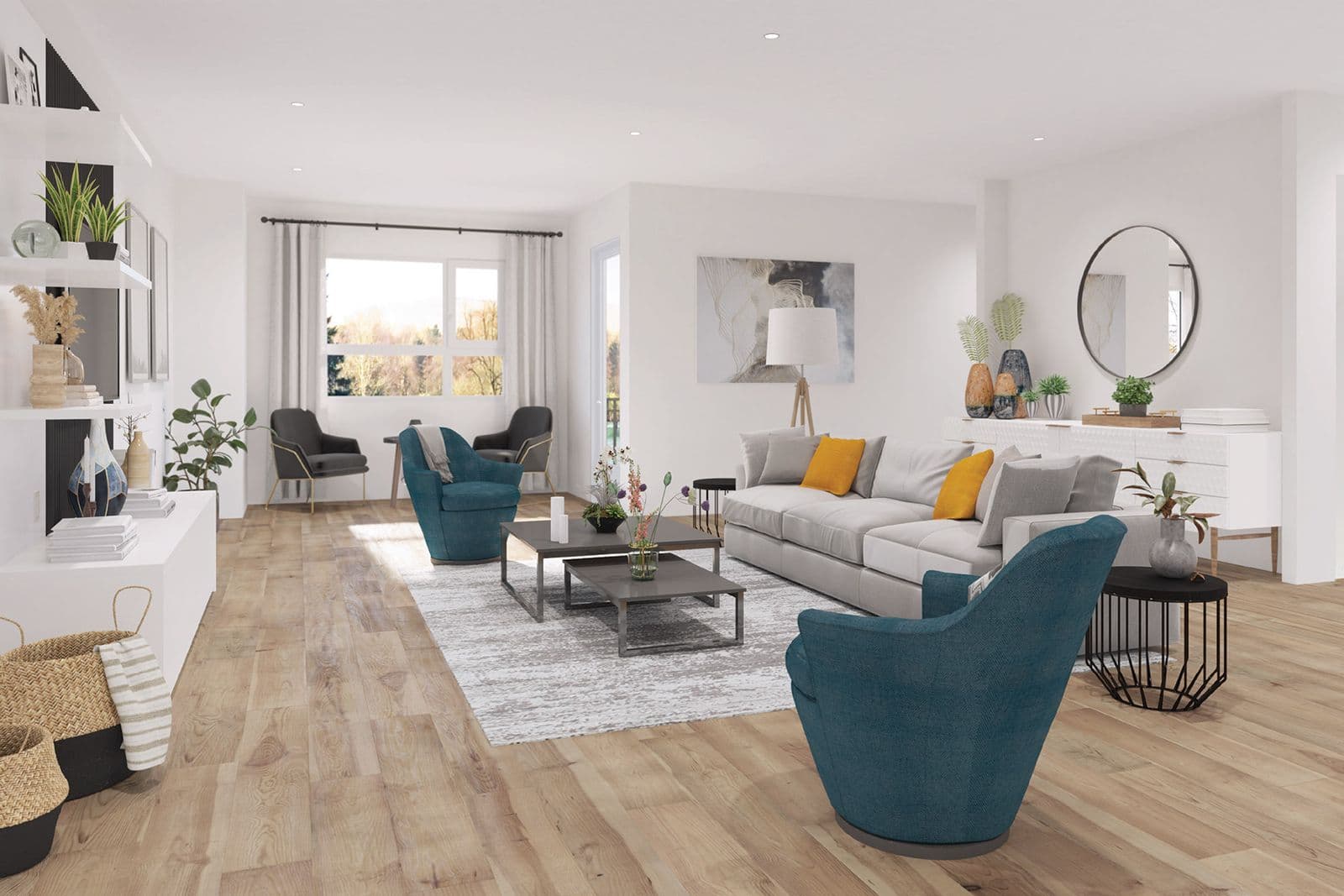 Onyx & Ivory – Spacious open living room rendering with a grey sectional sofa, teal accent chairs, dark wood coffee tables, and a round mirror above a white console.